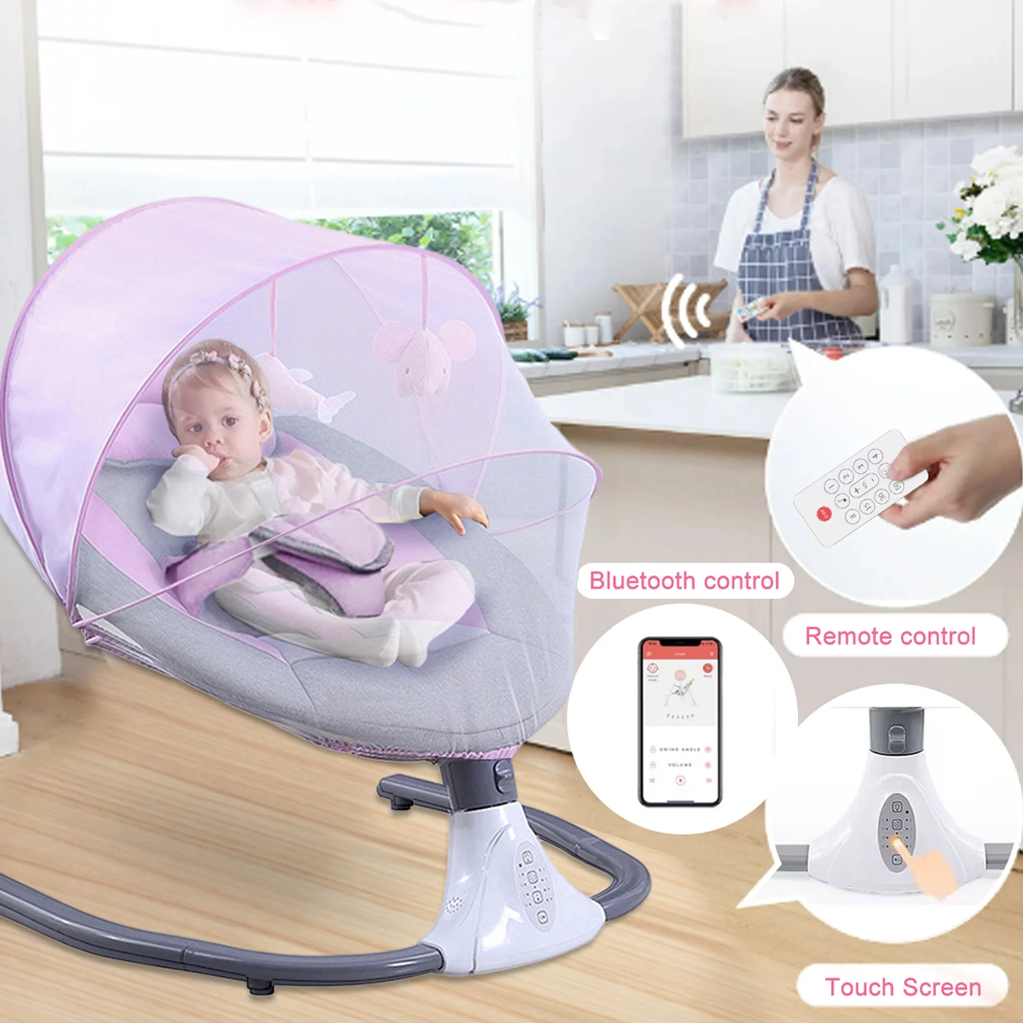 SIMANLI Electric Baby Swing Chair, Infant Swing with Remote Control, Built-in Bluetooth, Soft Music, Sway in 4 Speeds, Seat Belt, Gifts (Pink)