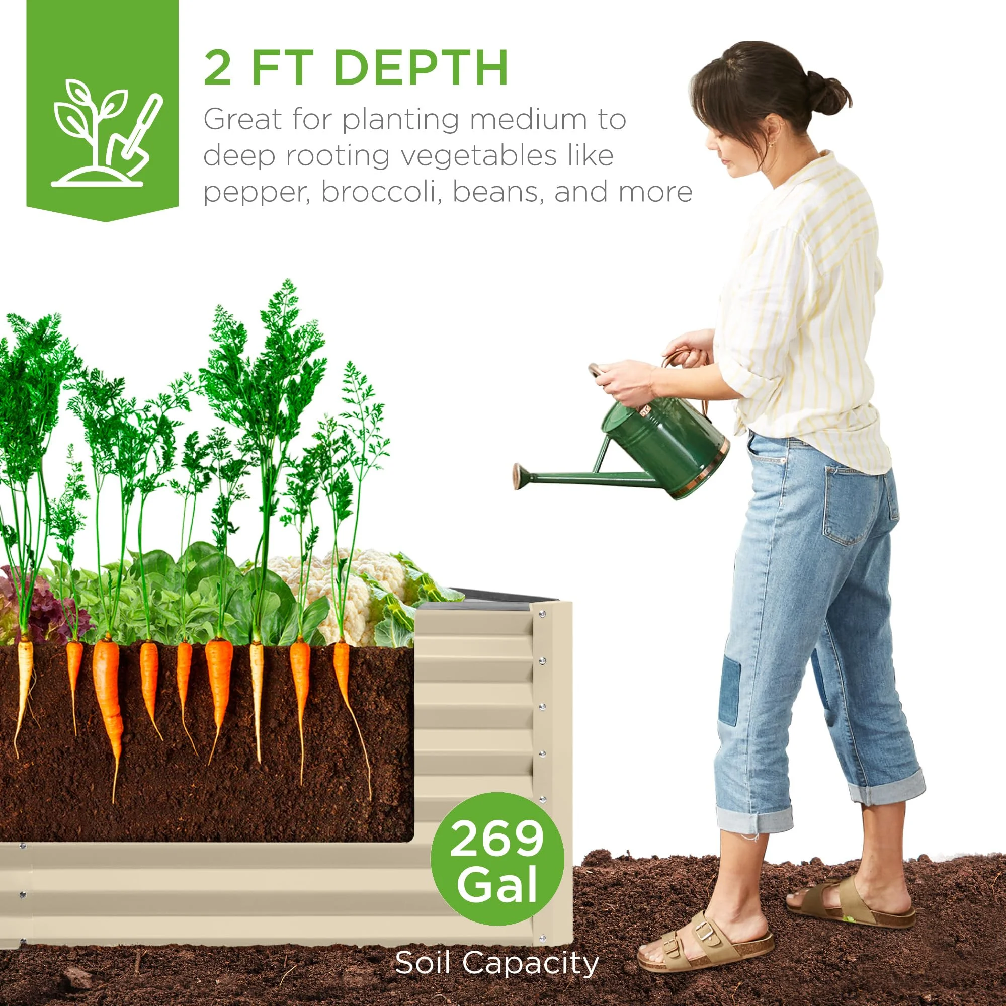 6x3x2ft Outdoor Metal Raised Garden Bed, Deep Root Box Planter for Vegetables, Flowers, Herbs, and Succulents w/ 269 Gallon Capacity - Beige