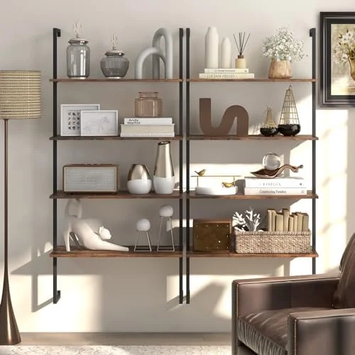 CHNKH 4 Tier Modern Wall Mounted Bookshelf Rustic Brown  64" Industrial Wood Bookcase with Metal Frame  Display  Rack Organizer  Ladder  Bookcase for Living Room  Kitchen