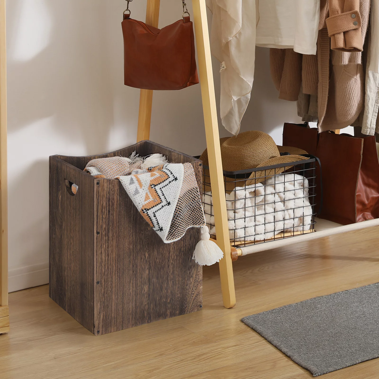 Wood Laundry Hamper Basket with Handles, 36L