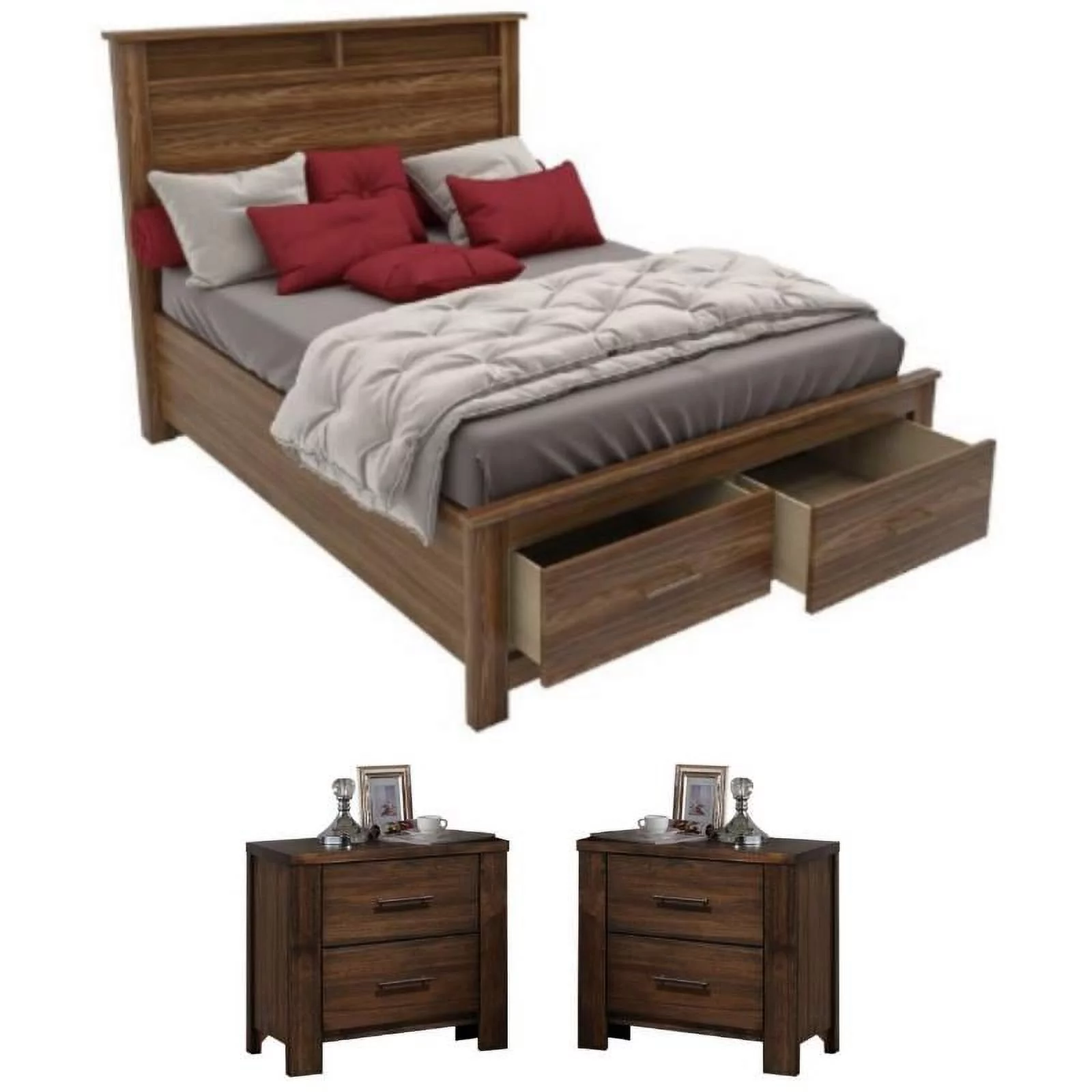 Home Square 3-Piece Set with Queen Storage Bed and 2 Nightstands in Oak