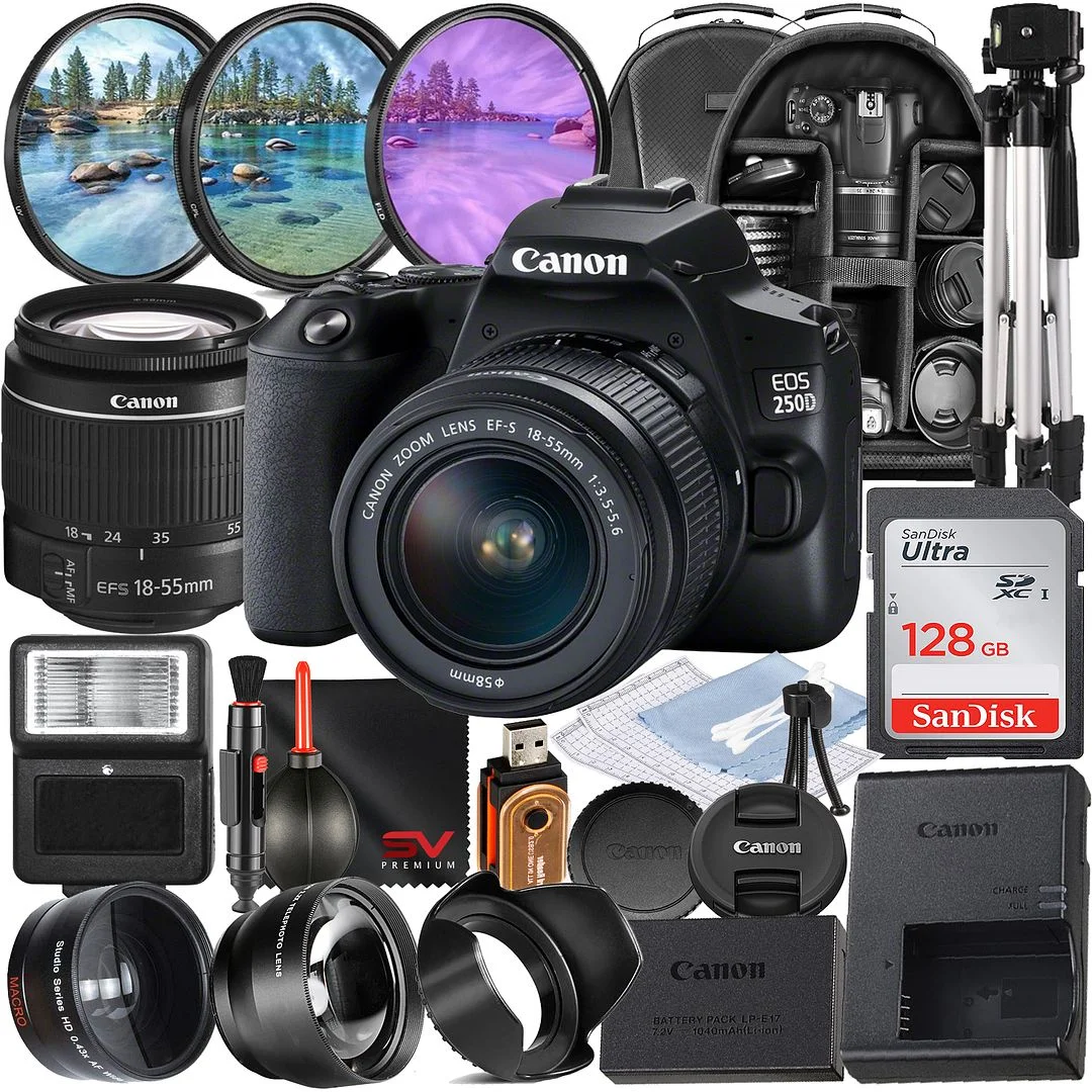 Canon EOS 250D / Rebel SL3 DSLR Camera with 18-55mm Zoom Lens + SanDisk 128GB Memory + Tripod + Backpack + SV Premium Accessory Bundle
