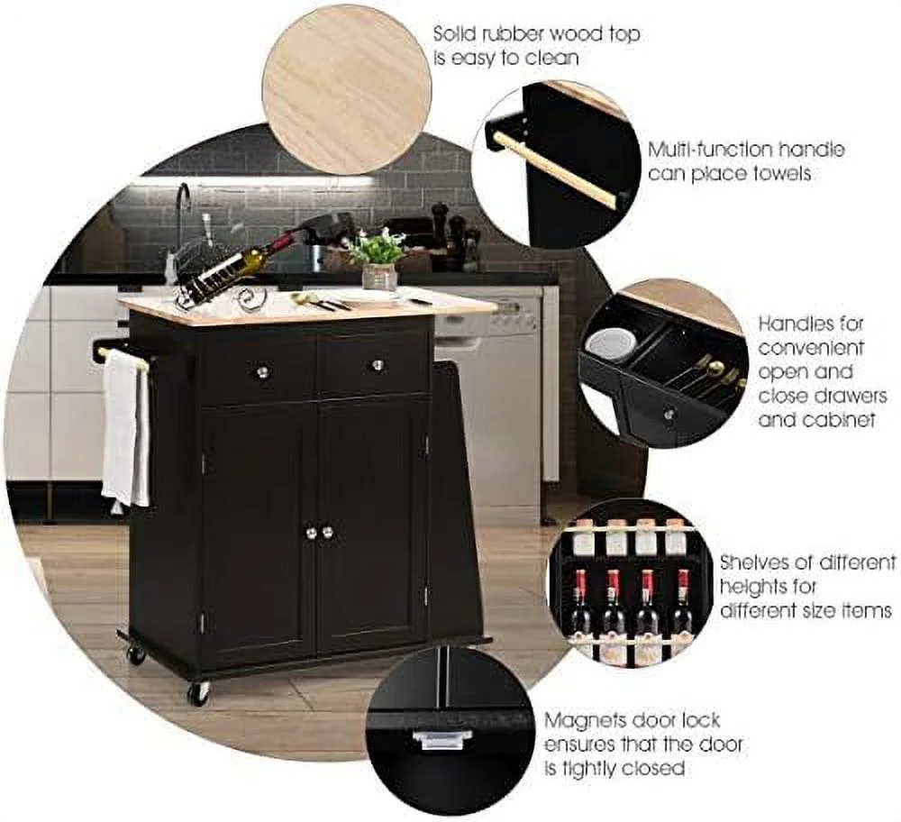 JDZHAPPYLIFE Kitchen Island Cart  Rolling Wood Trolley with  Cabinet  Towel Handle  2 Drawers  Side Spice Rack and Wine Bottle Rack  Kitchen Cart on Wheels  Rubber Wood Countertop (Black)