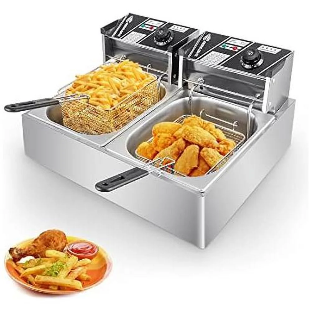 Electric Deep Fryer W/ 2 Baskets & Lids,Stainless Steel Countertop Oil Fryer,Temperature Limiter And Over Current Protection For Home Kitchen And Restaurant(3400W,12L)