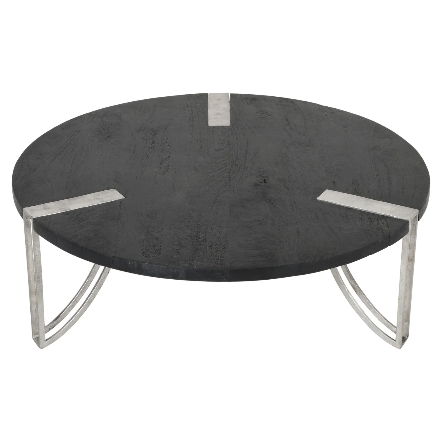 Maykoosh 35 Inch Round Coffee Table, Sandblasted Matte Black Mango Wood Top, Curved Aluminium Legs, Renaissance Revival Silver