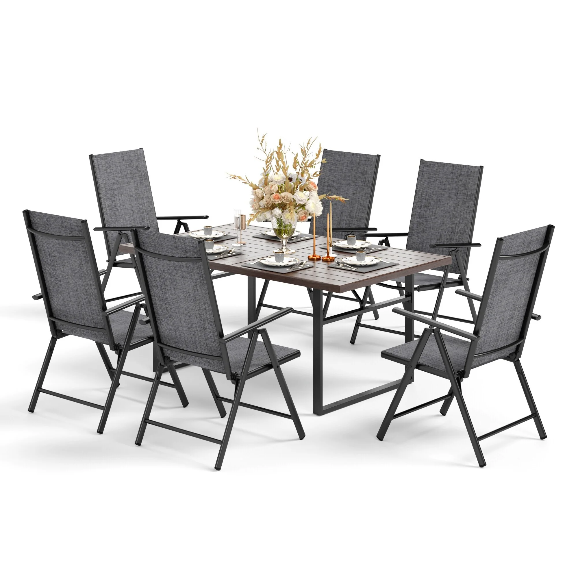7-Piece Patio Dining Sets Matte Wood-grain Table & Textilene Foldable Chairs Grey