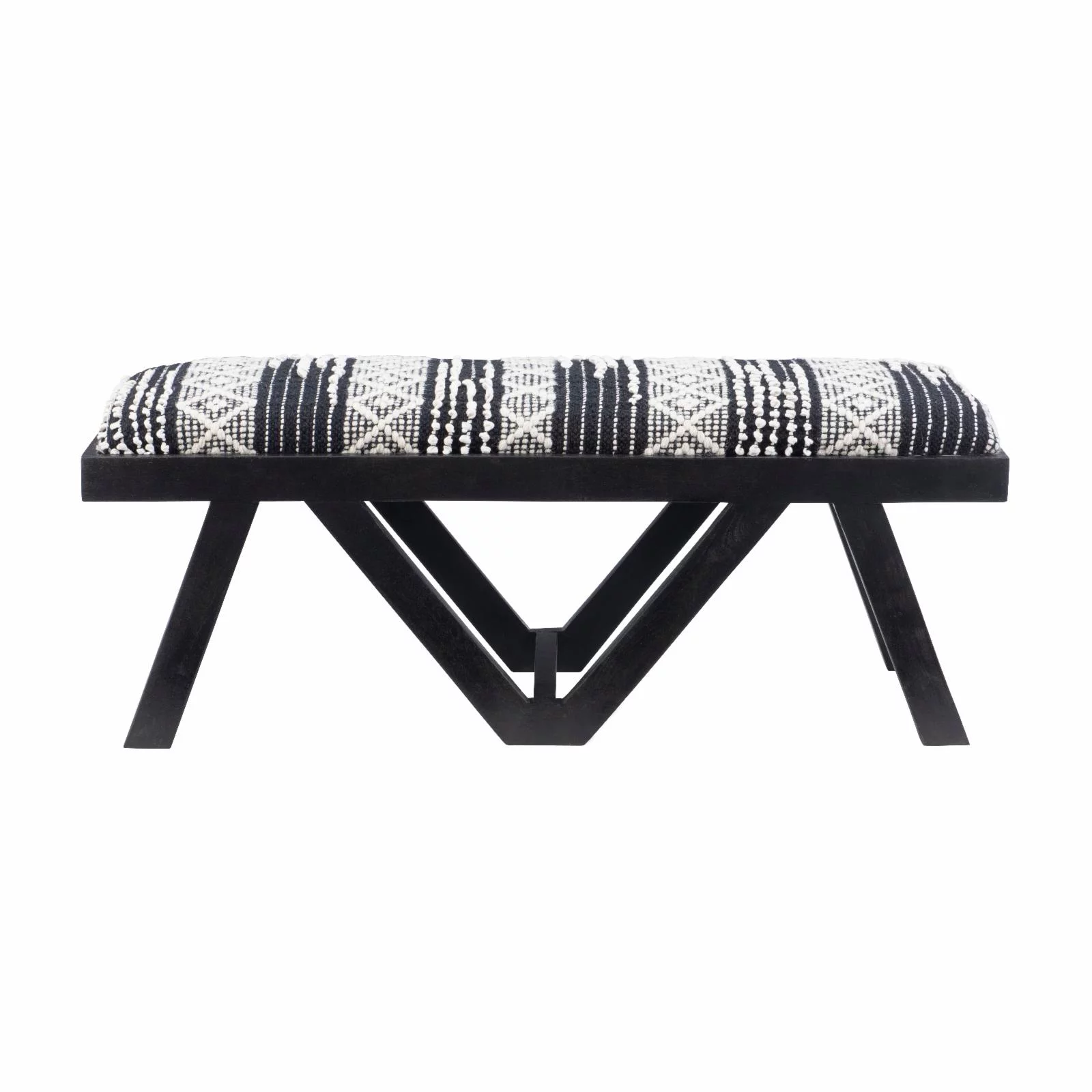 Powell Byan Bench - Black with Black and White Handwoven Geomatric Pattern Fabric