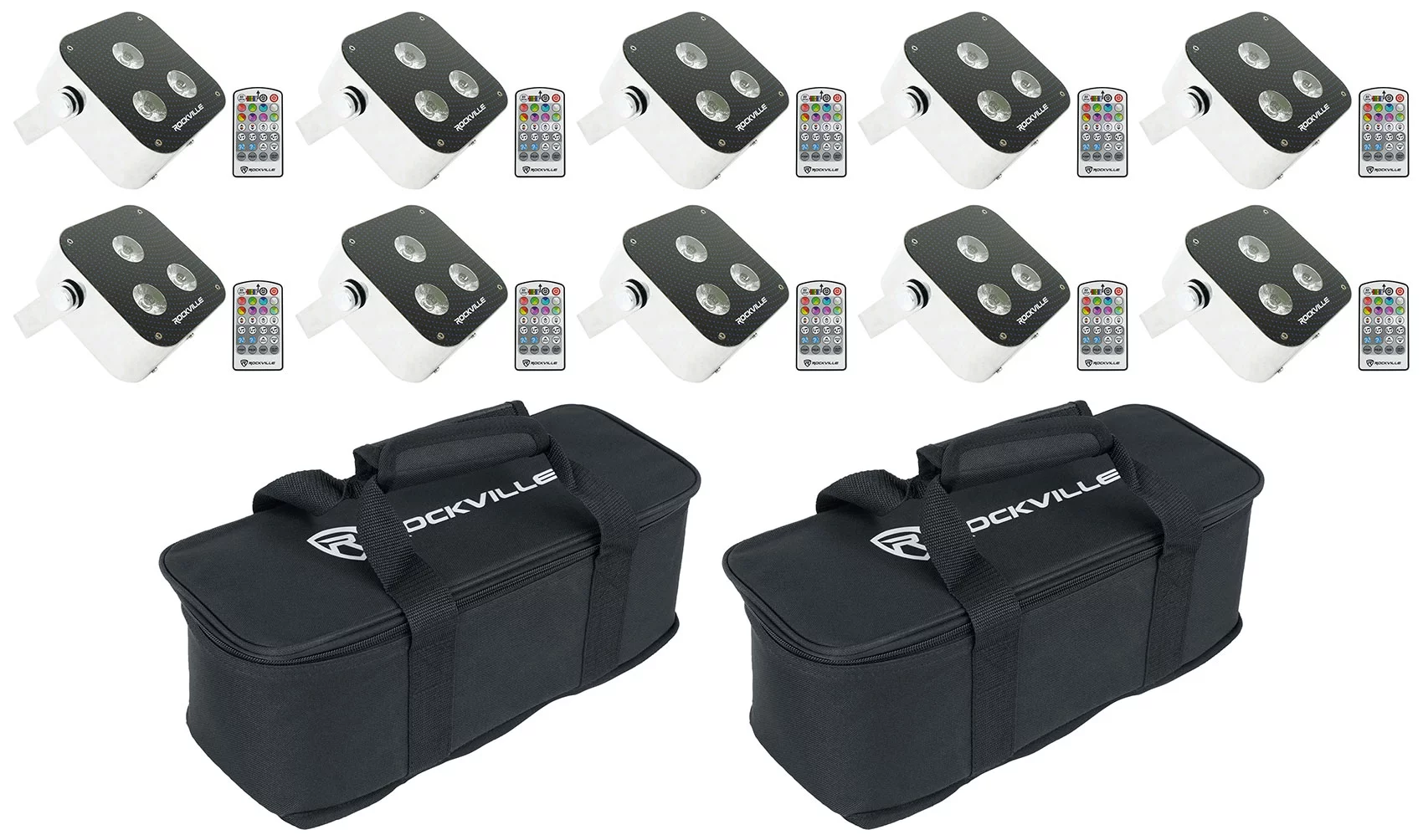 (10) Rockville MINI RF3 RGBWA+UV DMX DJ/Party LED Wash Lights+RF Remotes+Bags