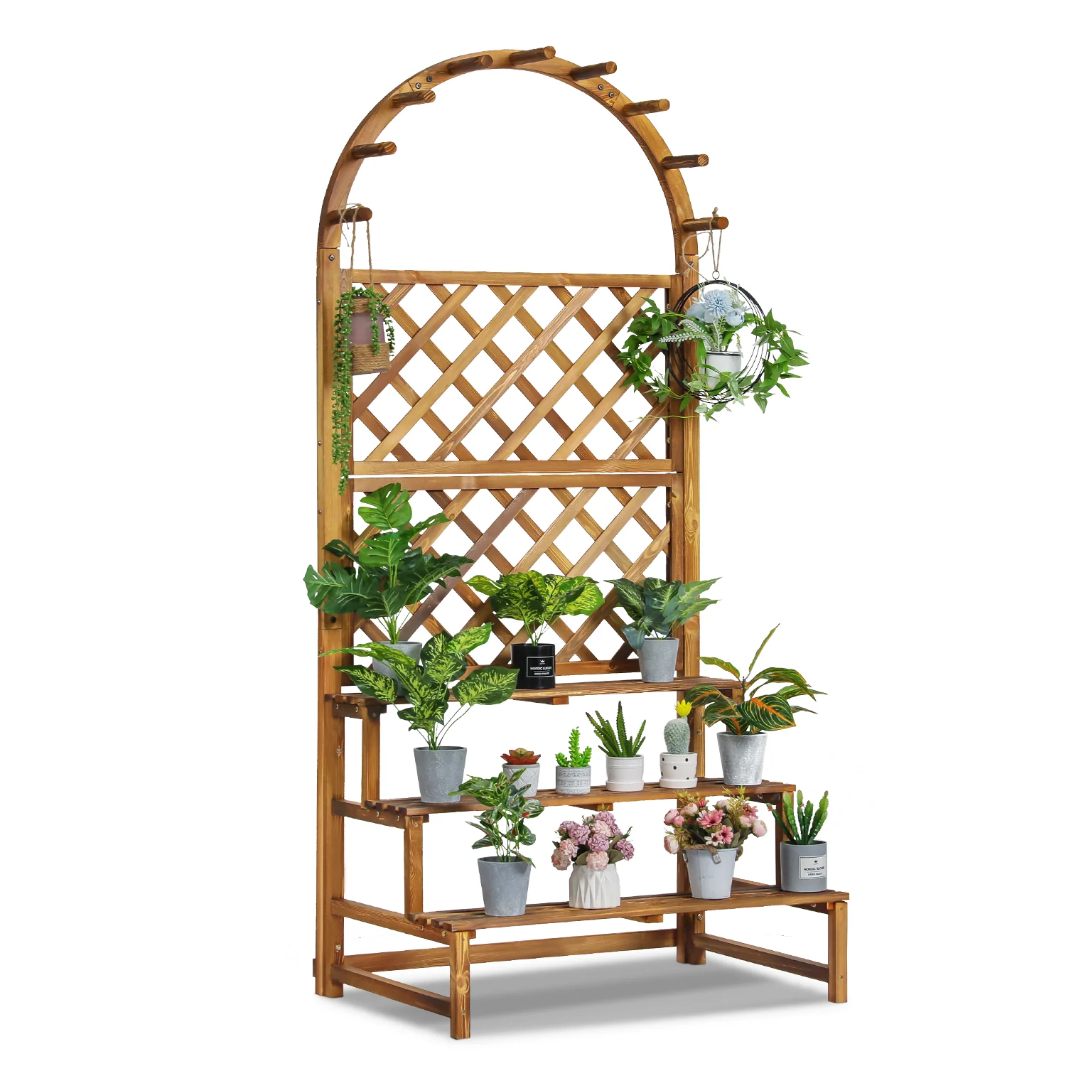 MoNiBloom Wood 3 Tiers Plant Stand, Modern Flower Display Storage Shelf Rack, Carbonized, for Garden