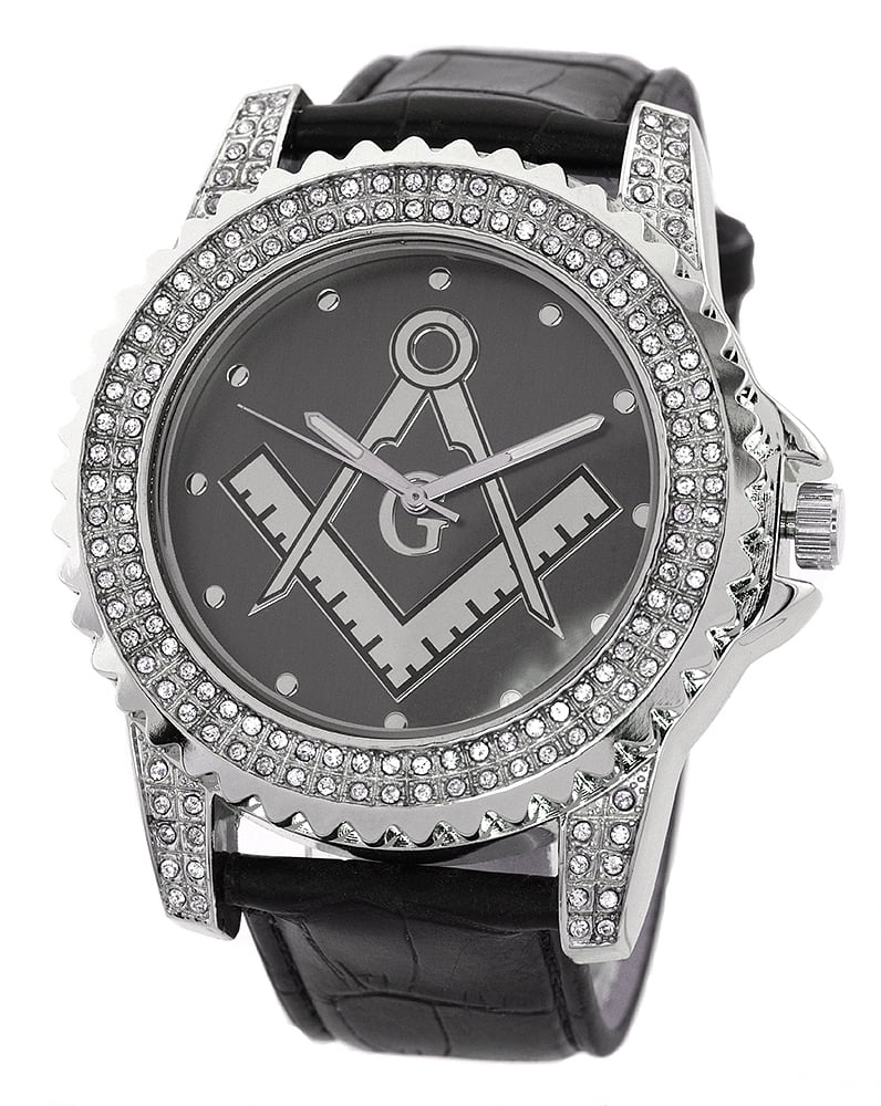 Men's Big Clubbing G Square Compass Symbols Silver-Tone watch 53mm 16mm thick case. Clear CZ Bezel, Dark gray and silver dial. 22mm wide black leather fits 9.5 inches wrist.