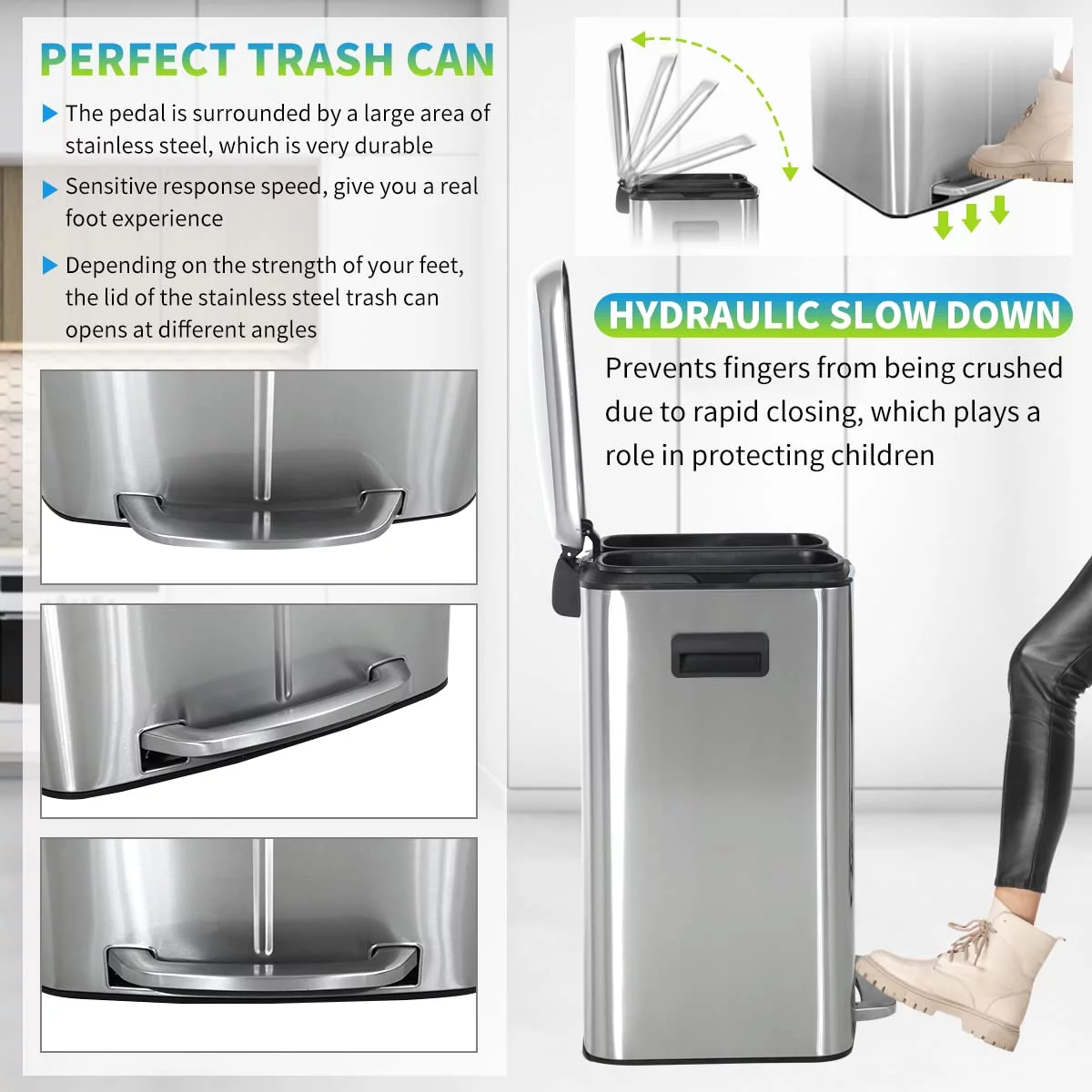 Dkelincs Kitchen Trash Can with Lid 10 Gallon/ 40L Step Trash Can with Foot Pedal Anti-Fingerprint Garbage Bin with Liner, Silver