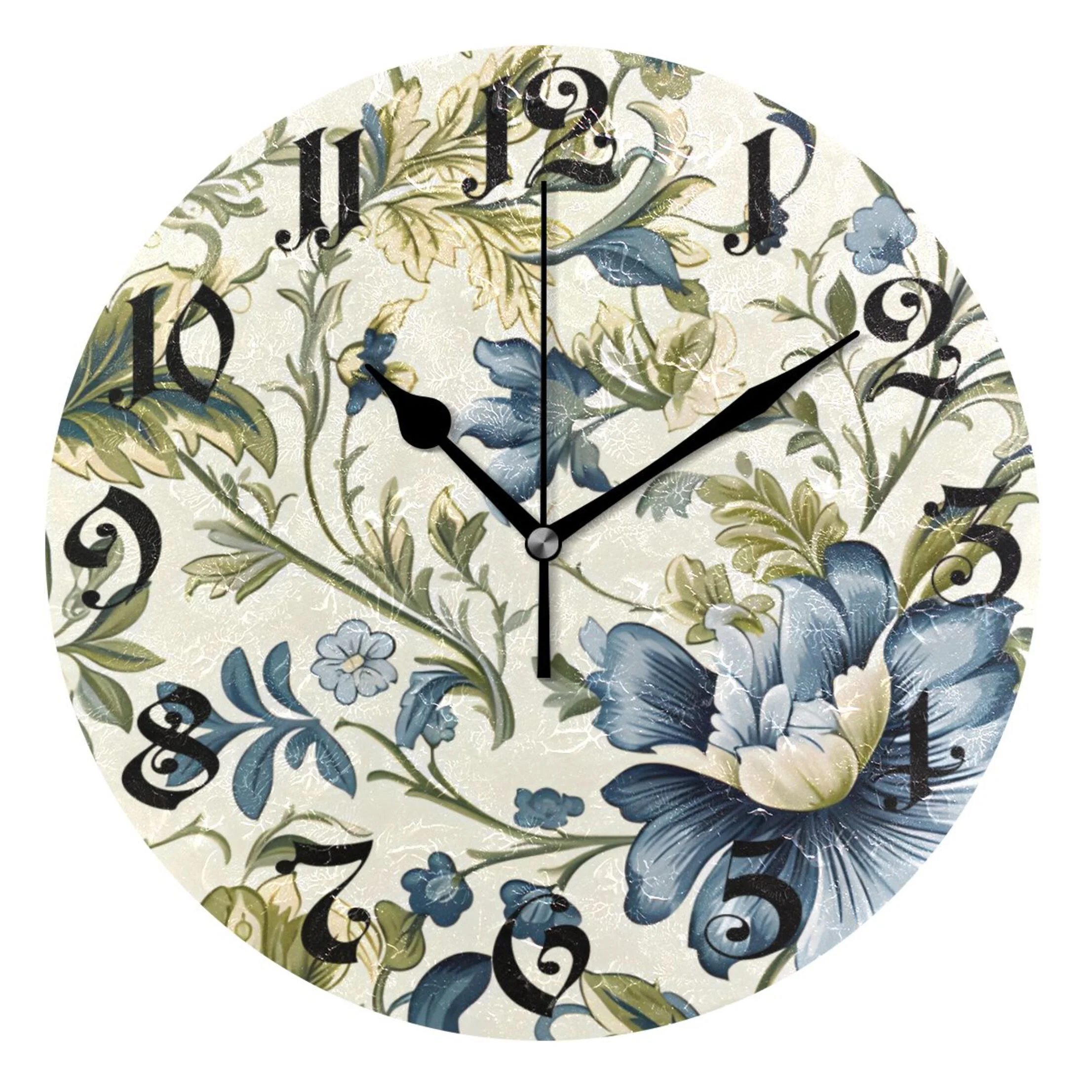 Wall Clock 10 Inch Silent Non-Ticking 8 Blue with Flowers Battery Operated Rustic Retro for Living Room Home Kitchen Bathroom