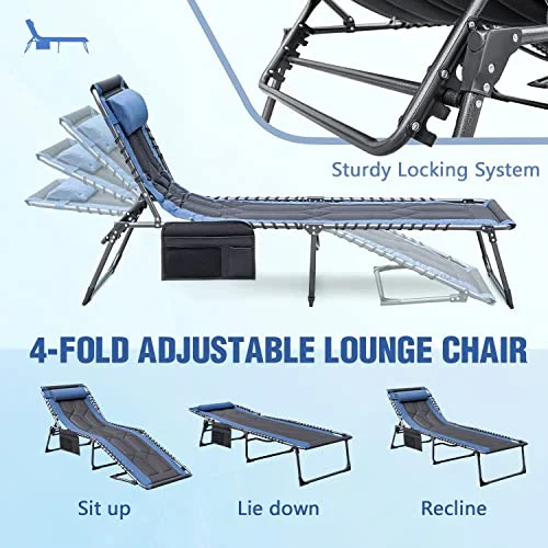 Devoko 4-Fold Padded Portable Folding Outdoor Chaise Lounge Heavy Duty Reclining Chair with Pillow & Side Pocket for Patio, Beach, Pool, Camping, Sunbathing (Blue)