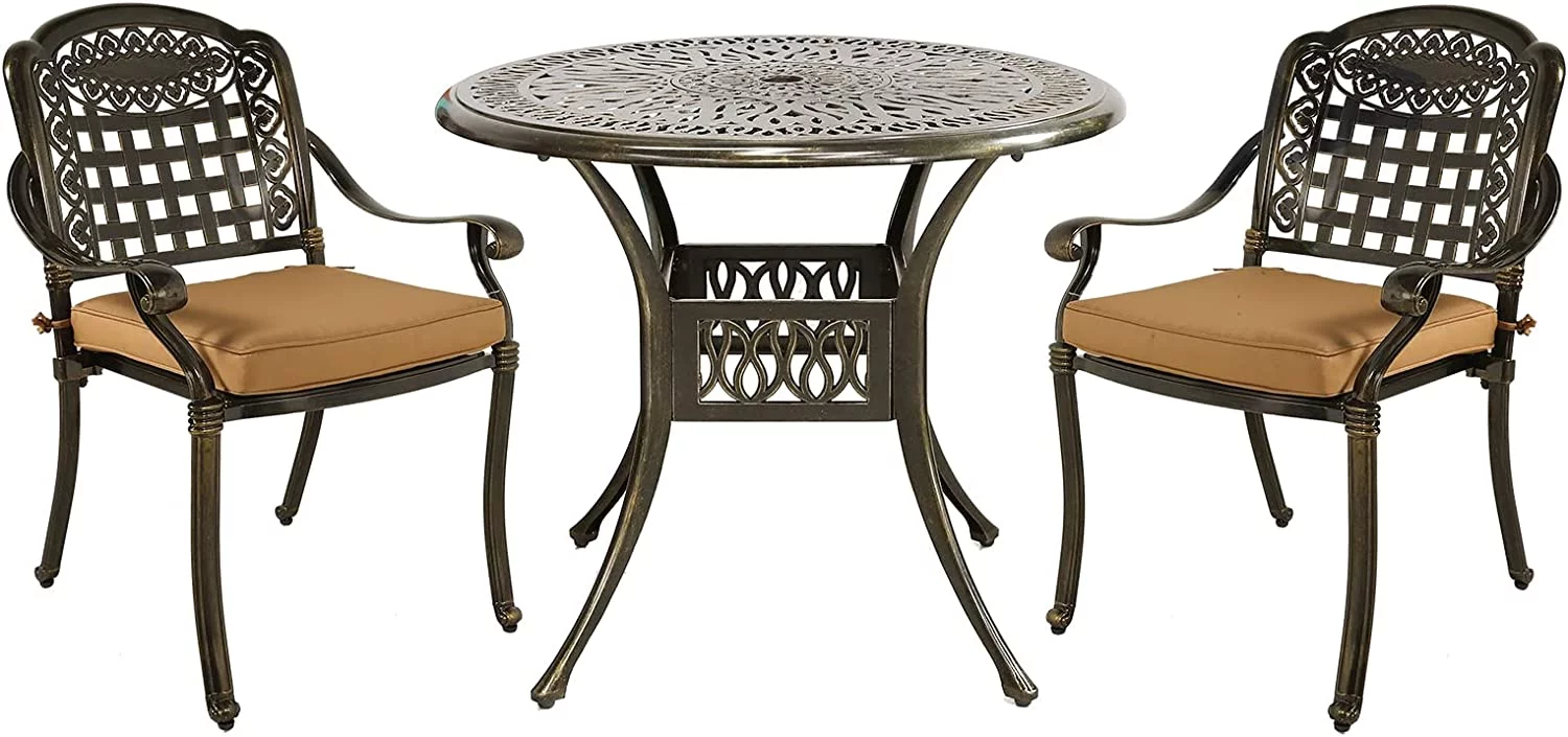 MEETWARM 3 Piece Patio Bistro Set, Outdoor All-Weather Cast Aluminum Dining Furniture Set Includes 2 Chairs with Cushions and a 35.4” Round Table with Umbrella Hole for Garden Deck