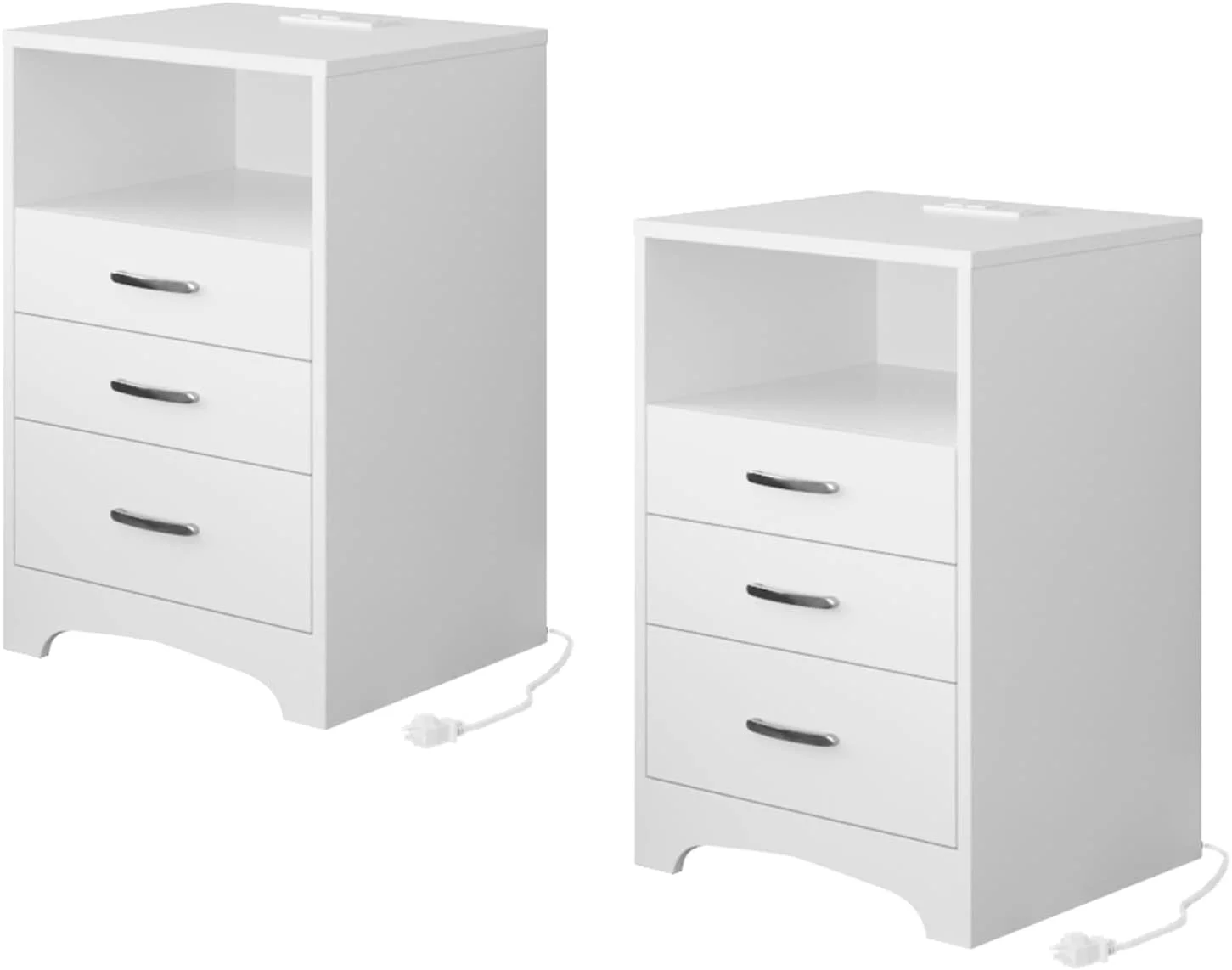 Nightstand Set of 2, 3 Drawer with Charging Station Side Table Open Storage Bedside End NightStands Cabinet for Bedroom, White