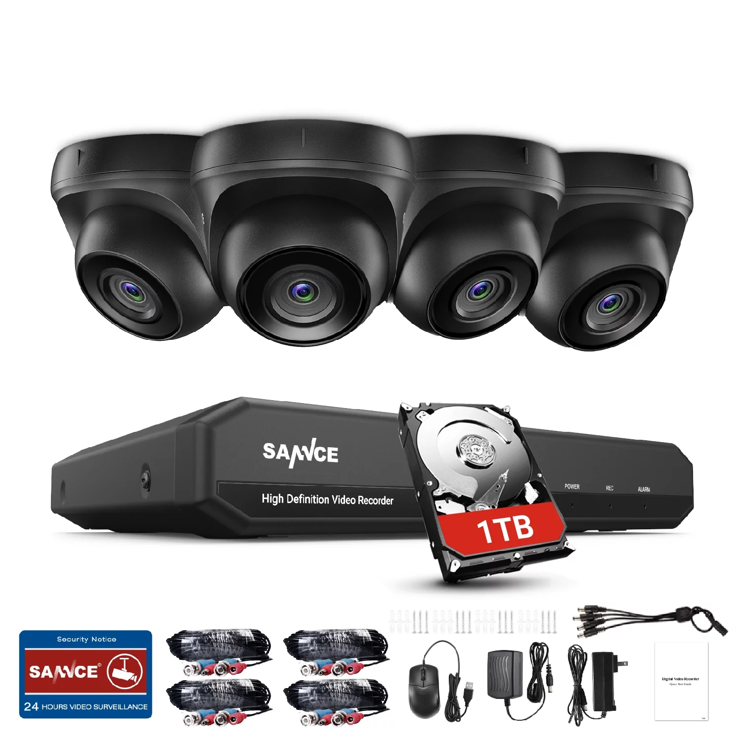 SANNCE 1080p 8-Channel CCTV Camera System 5-in-1 CCTV DVR Recorder with 4pcs Waterproof Wired Surveillance Camera,1TB Hard Drive