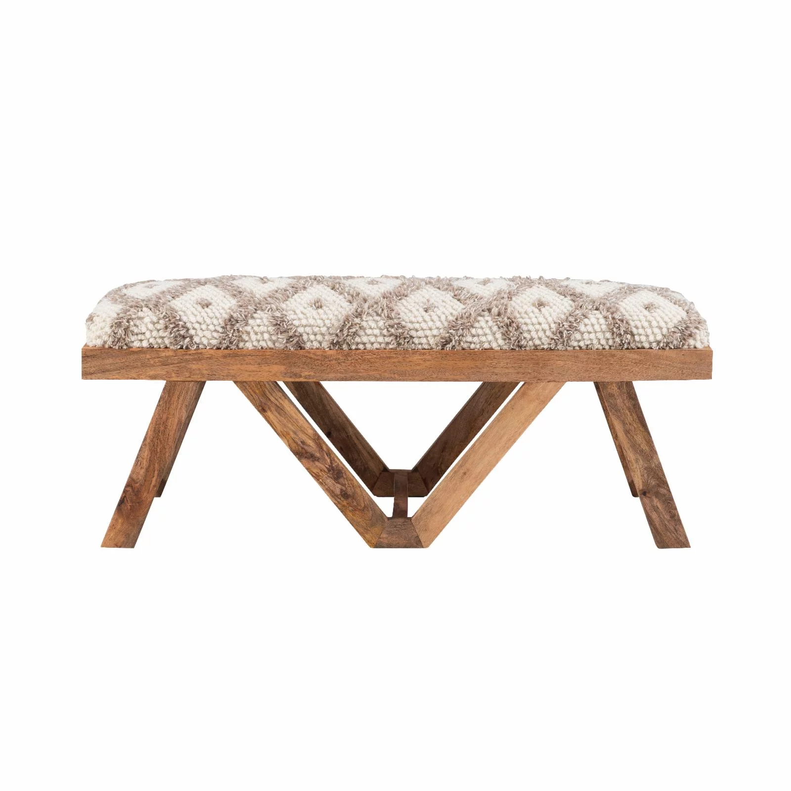 Powell Byan Bench - Brown with Off-White and Taupe Handwoven Diamond Pattern Fabric