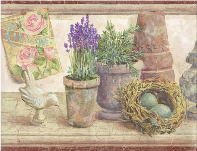 Concord Wallcoverings Wallpaper Border Garden Pattern Plants Flowers Pots Nest Bird Figurines for Cottage Farmhouse, Brown Beige Green Pink Purple, 8.25 Inches by 15 Feet DW95052B