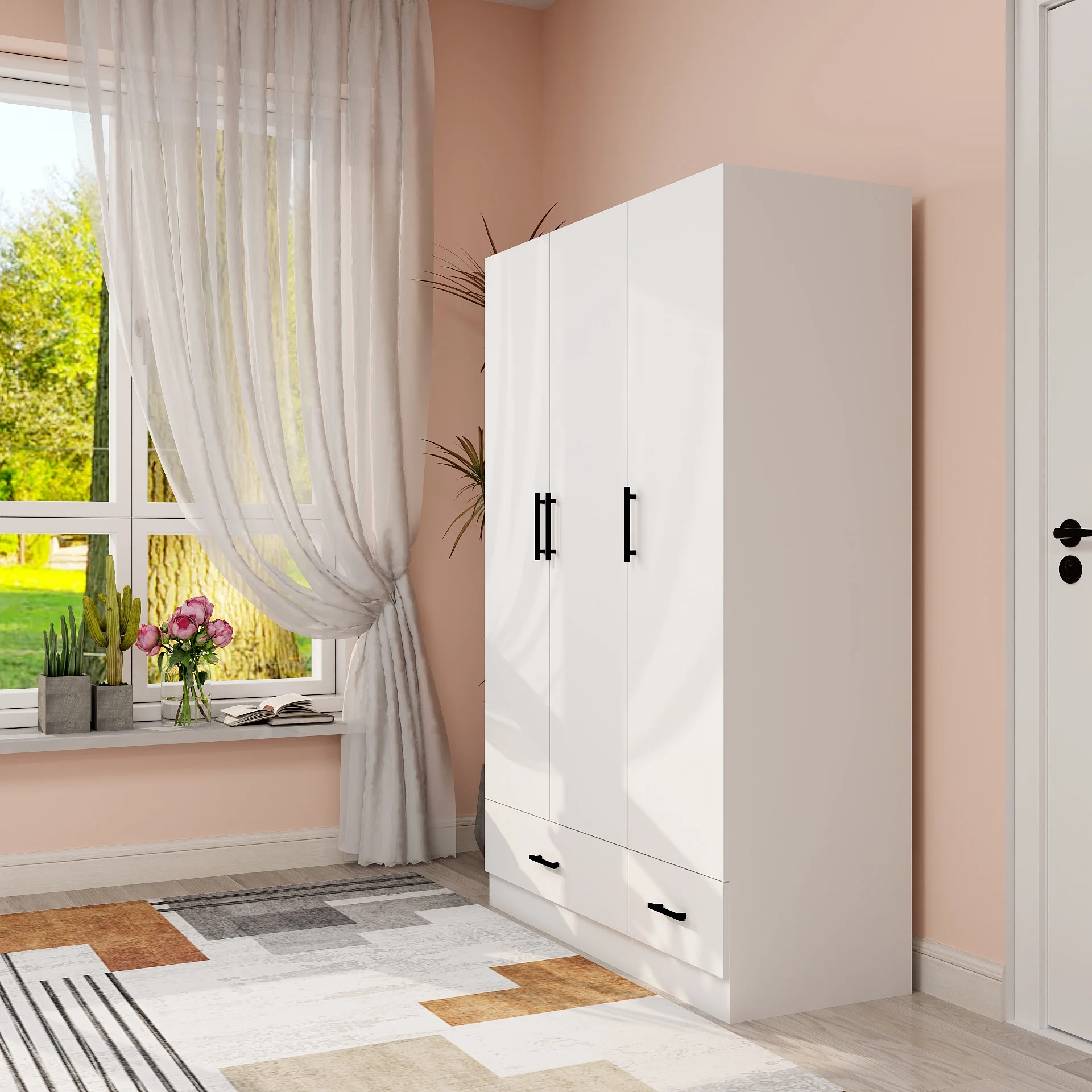 ModMakers Wood Wardrobe Armoire Closet, 3-Door Wooden Closet Storage Cabinet with Drawers & Hanging Rod for Bedroom, White