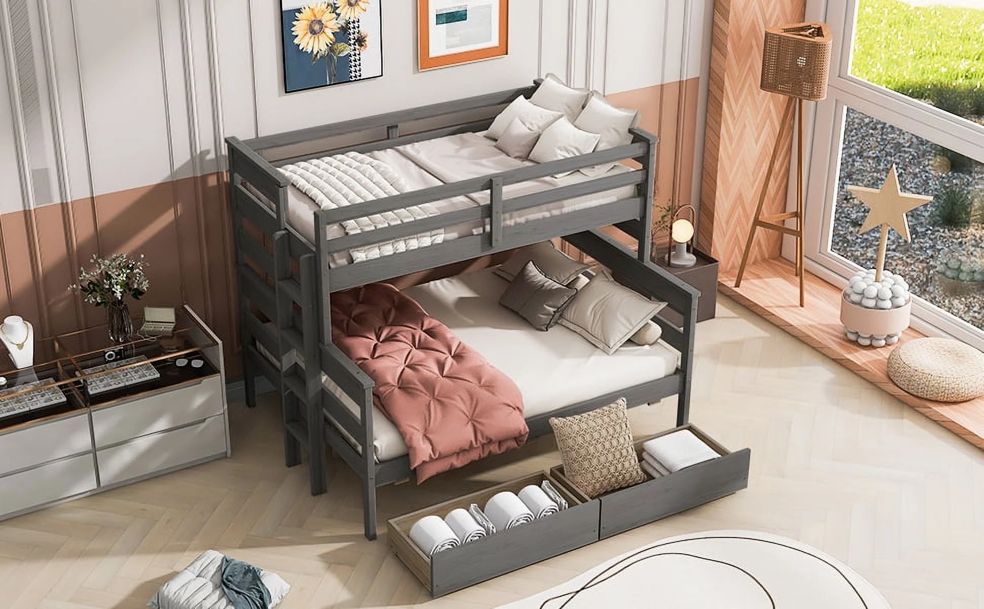 Homiyad Wood Twin Over Full Bunk Bed with 2 Drawers, Gray