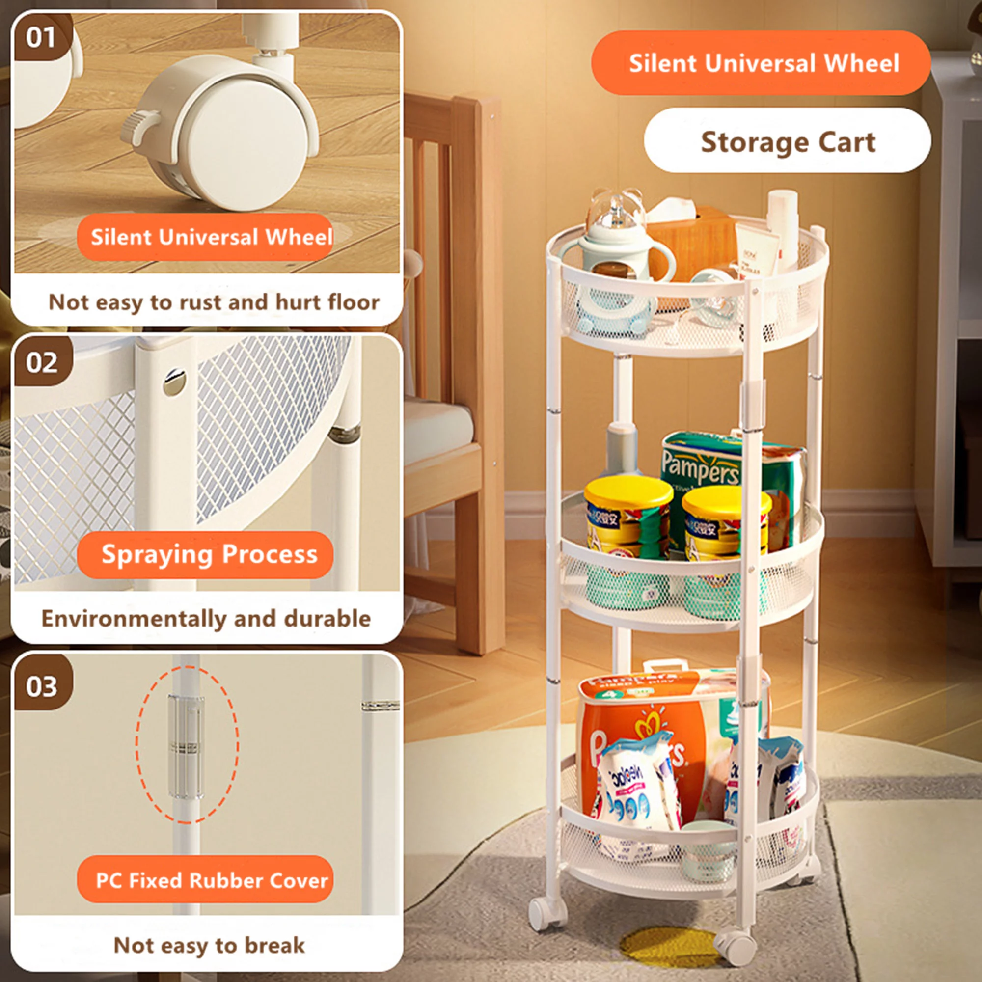 Cathoe 3-Tier Rolling Utility Cart Collapsible Metal Storage Organizer Cart with Lockable Wheels