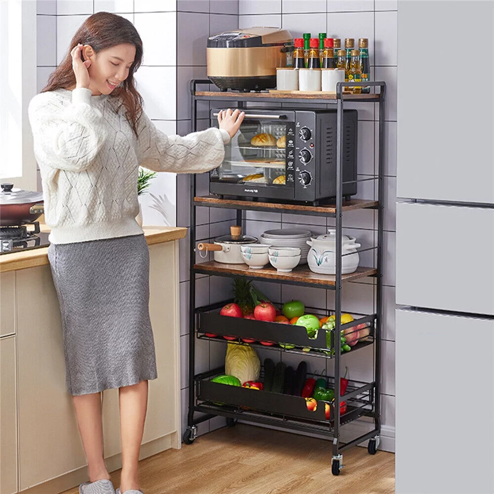 ZhdnBhnos 5-Tier Movable Storage Rack Cabinet Kitchen Rolling Cart Bakers Rack Vertical Microwave Oven Stand Fruit Vegetable Spice Organizer Shelf