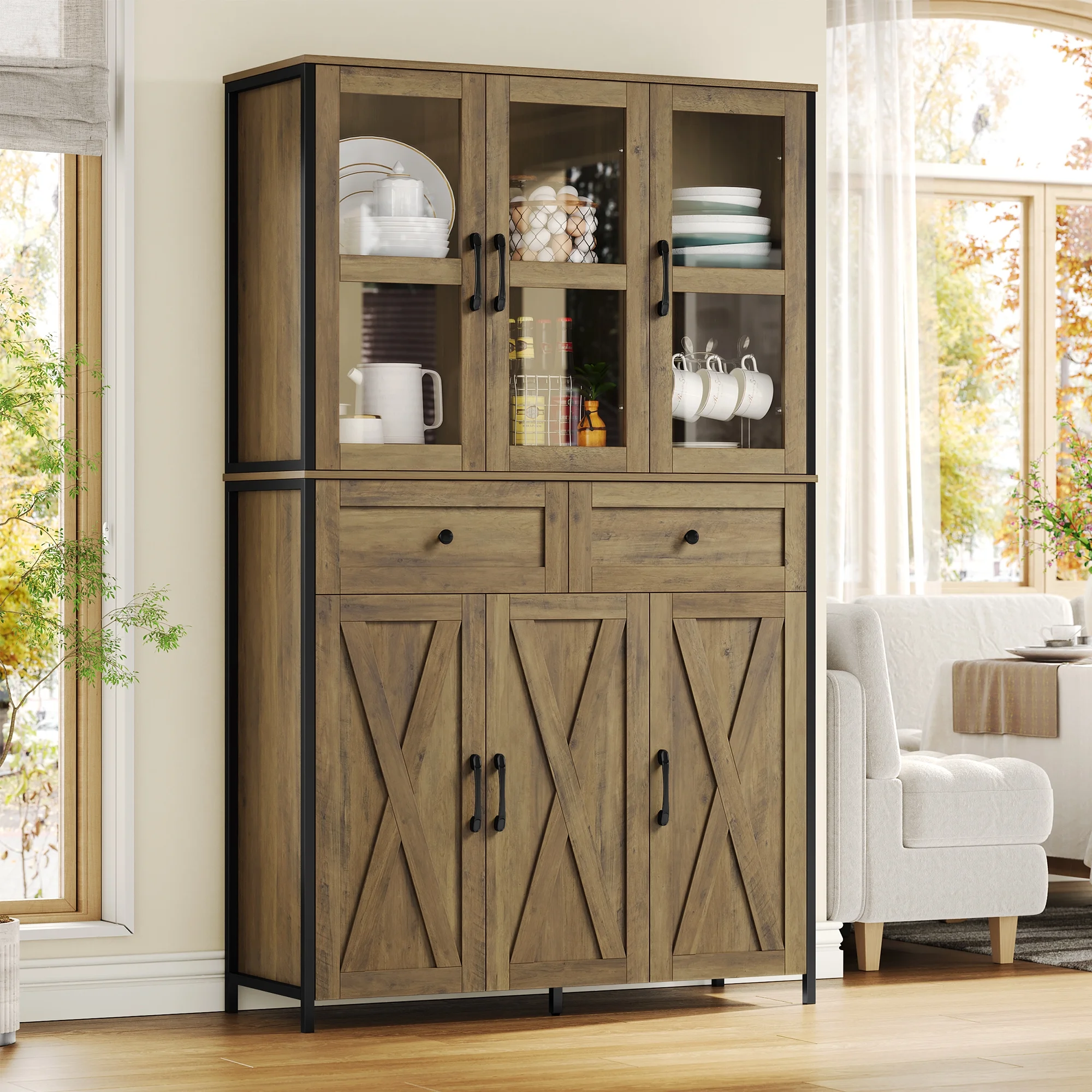 Homfa 6 Doors  2 Drawers Kitchen Storage Cabinet with Glass Doors & Metal Frame, Farmhouse Pantry Cabinet Wood Cupboard with Adjustable Shelves, Brown