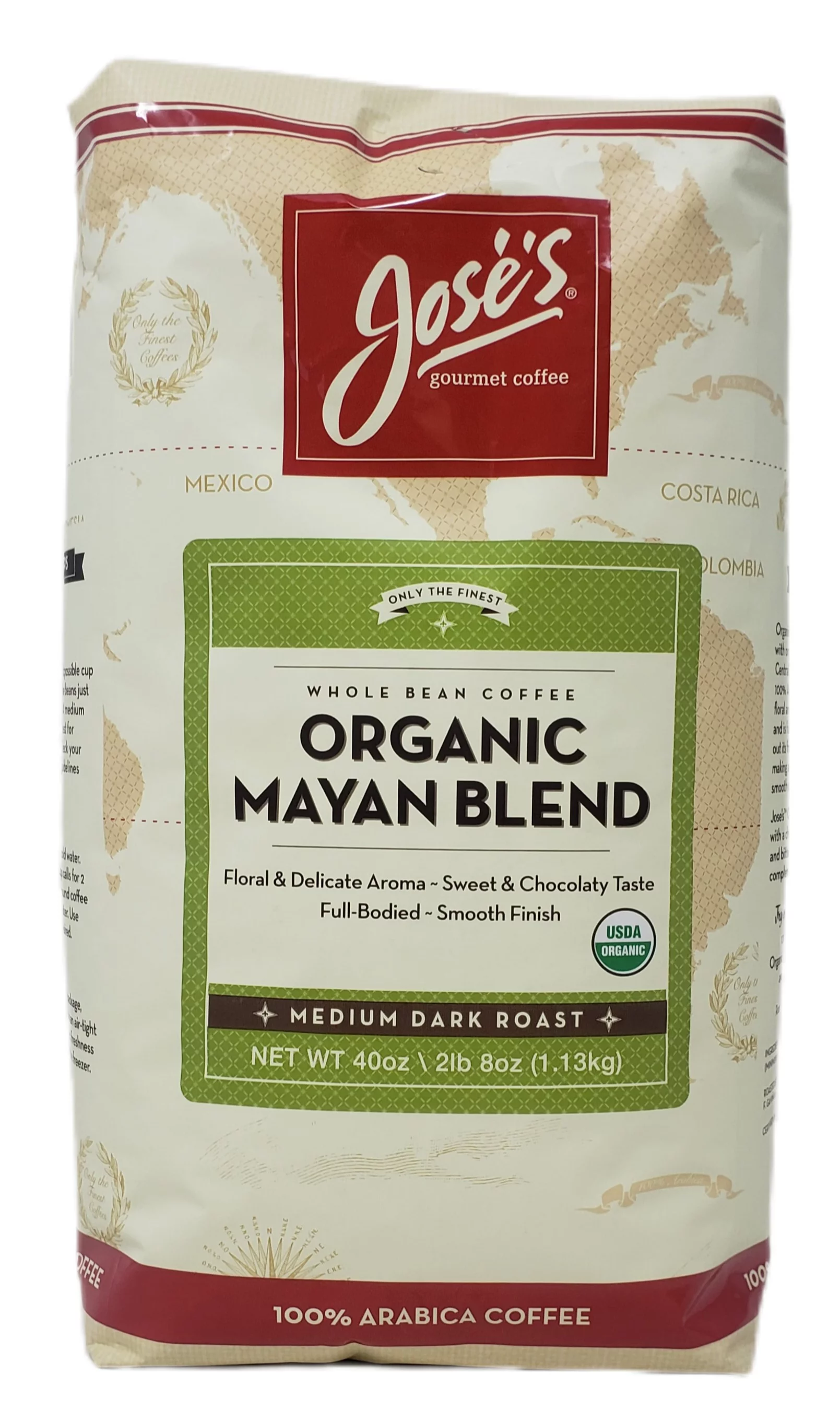 Jose's Whole Bean Coffee Medium Dark Roast - Pack of 2 Bags - 40 oz Per Bag - 80 oz Total - 100% Certified USDA Organic Mayan Blend, 100% Arabica Coffee
