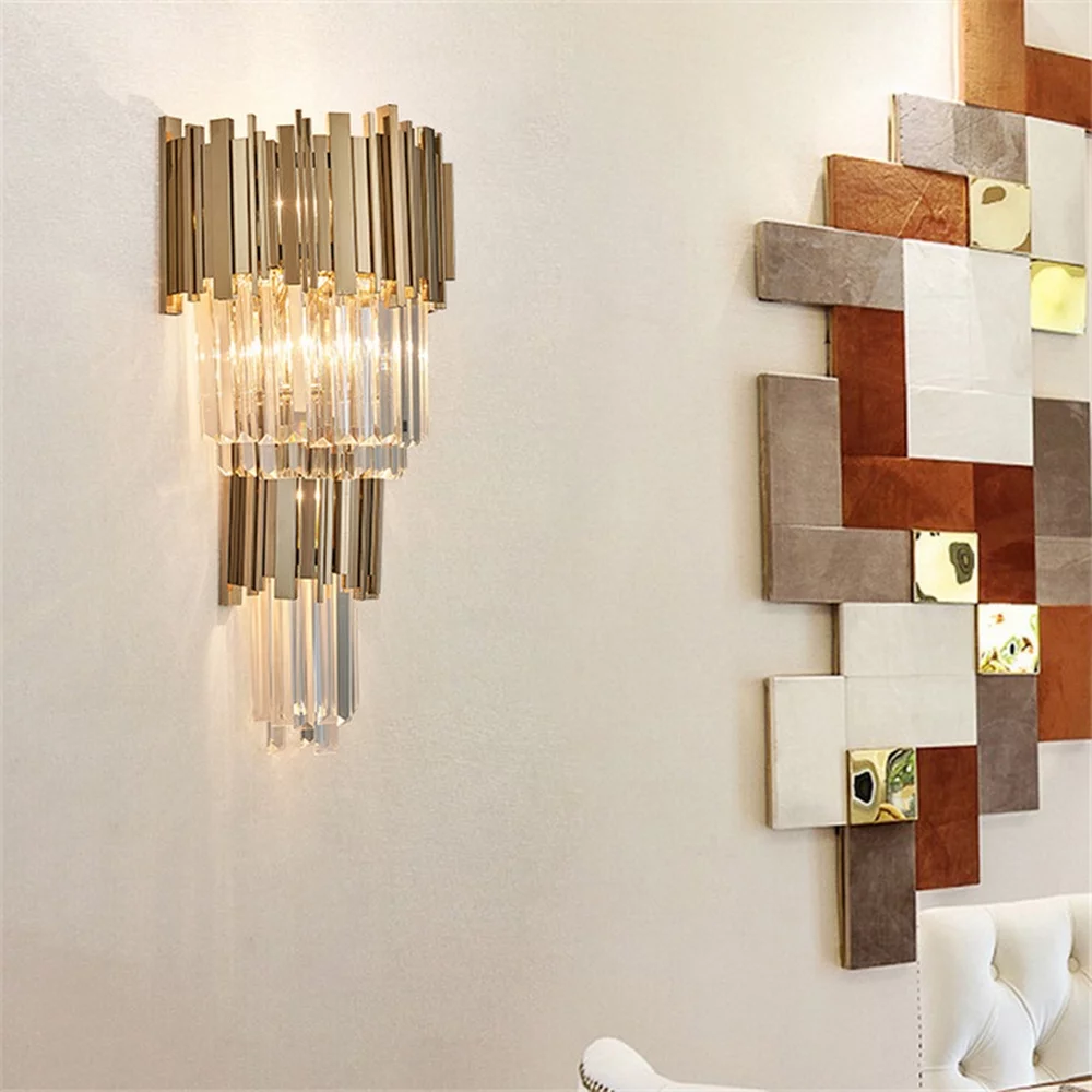 Modern Luxury Crystal Wall Light Gold LED Wall Sconce Lamp Fixture for Staircase Bedroom Living Room