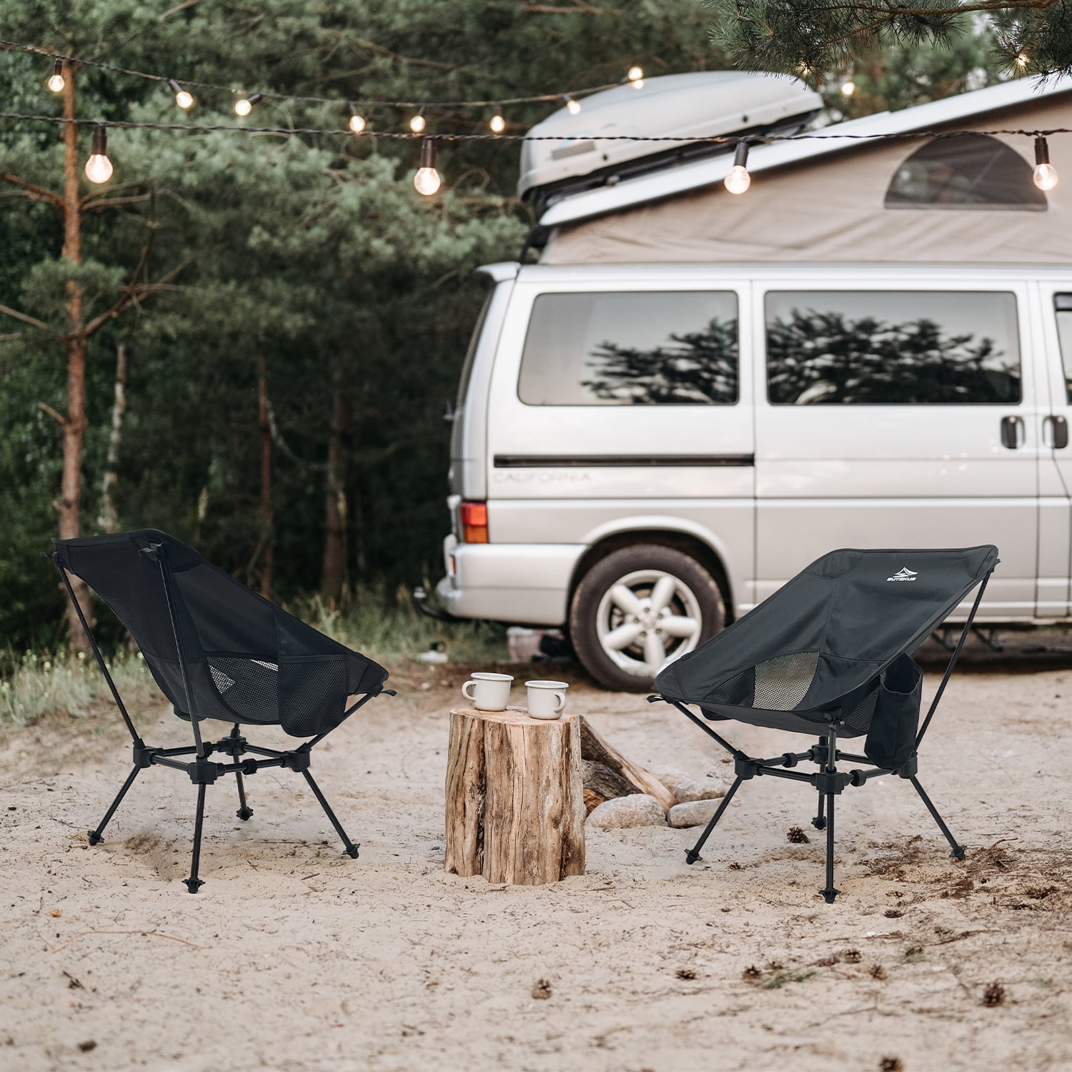 Sutekus Portable Camping Chairs with Cup Holder and Side Bag For Camping Hiking Travel Beach Picnic, Black