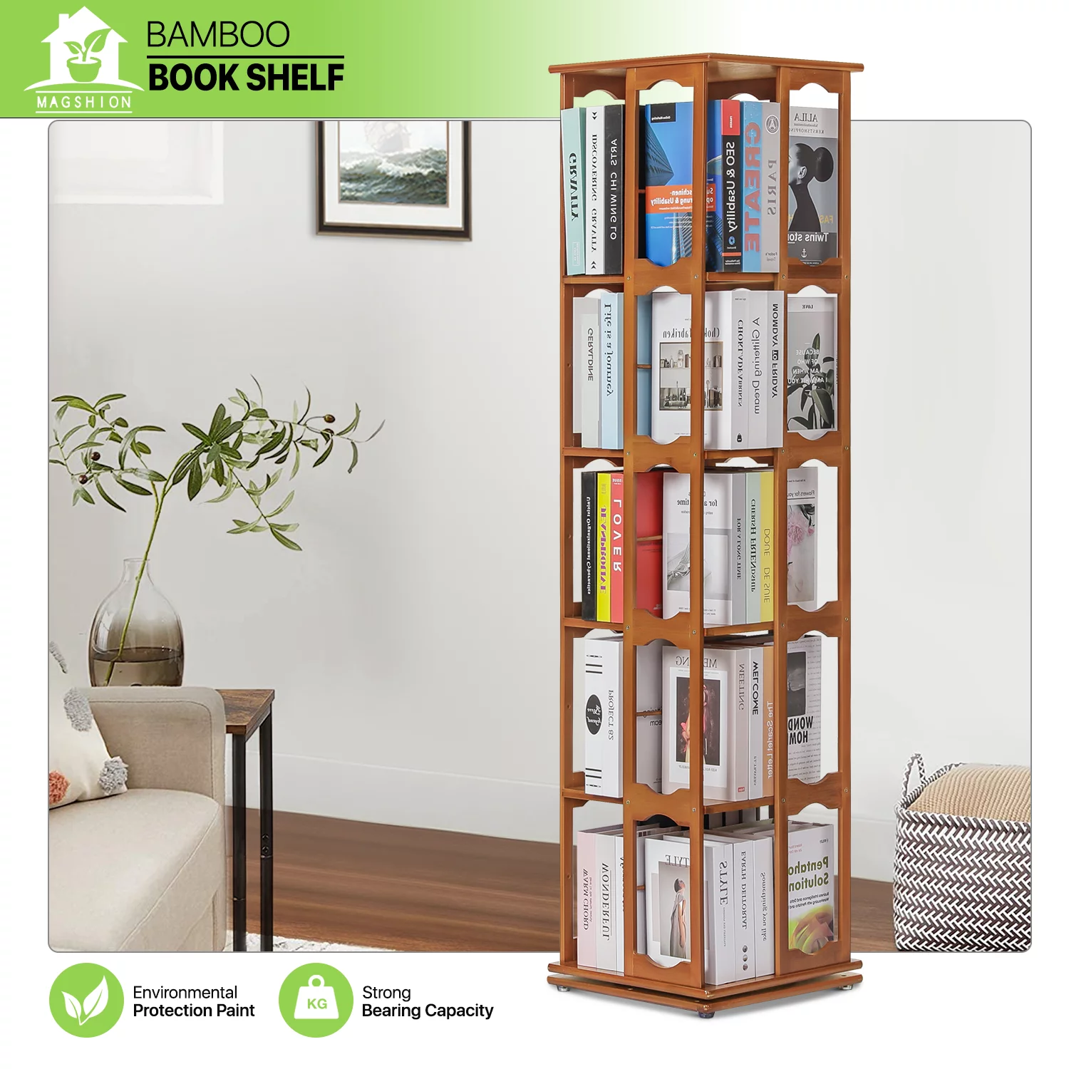Magshion Bamboo 5 Tiers Swivel Bookcase, Books Toys Display Bookshelf, Brown, for Home