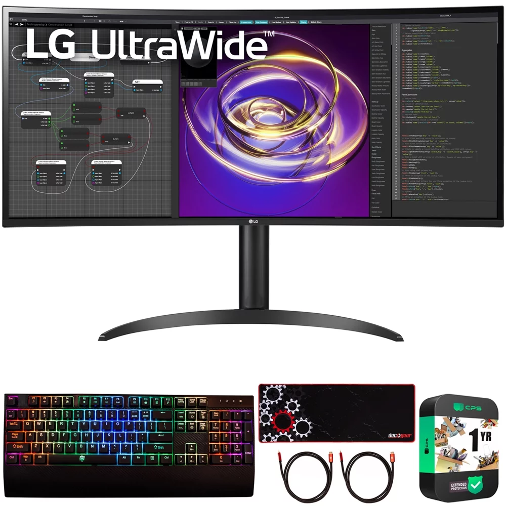 LG 34WP85C-B 34 inch Curved 21:9 UltraWide QHD (3440x1440) IPS Display PC Monitor Bundle with Deco Gear Gaming Keyboard, Deco Gear Gaming Mouse Pad, 2x HDMI Cable and 1 YR CPS Protection Pack