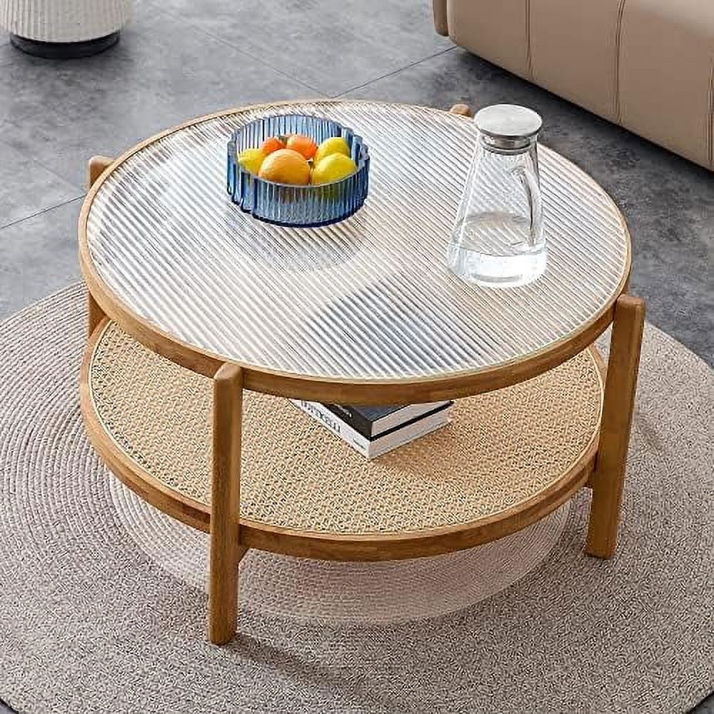 xrboomlife Round Coffee Table 33" Glass Coffee Table 2 Tiers Modern End Table with Solid Wood Leg.PE Rattan Side Tea Table for Living Room in Home Office
