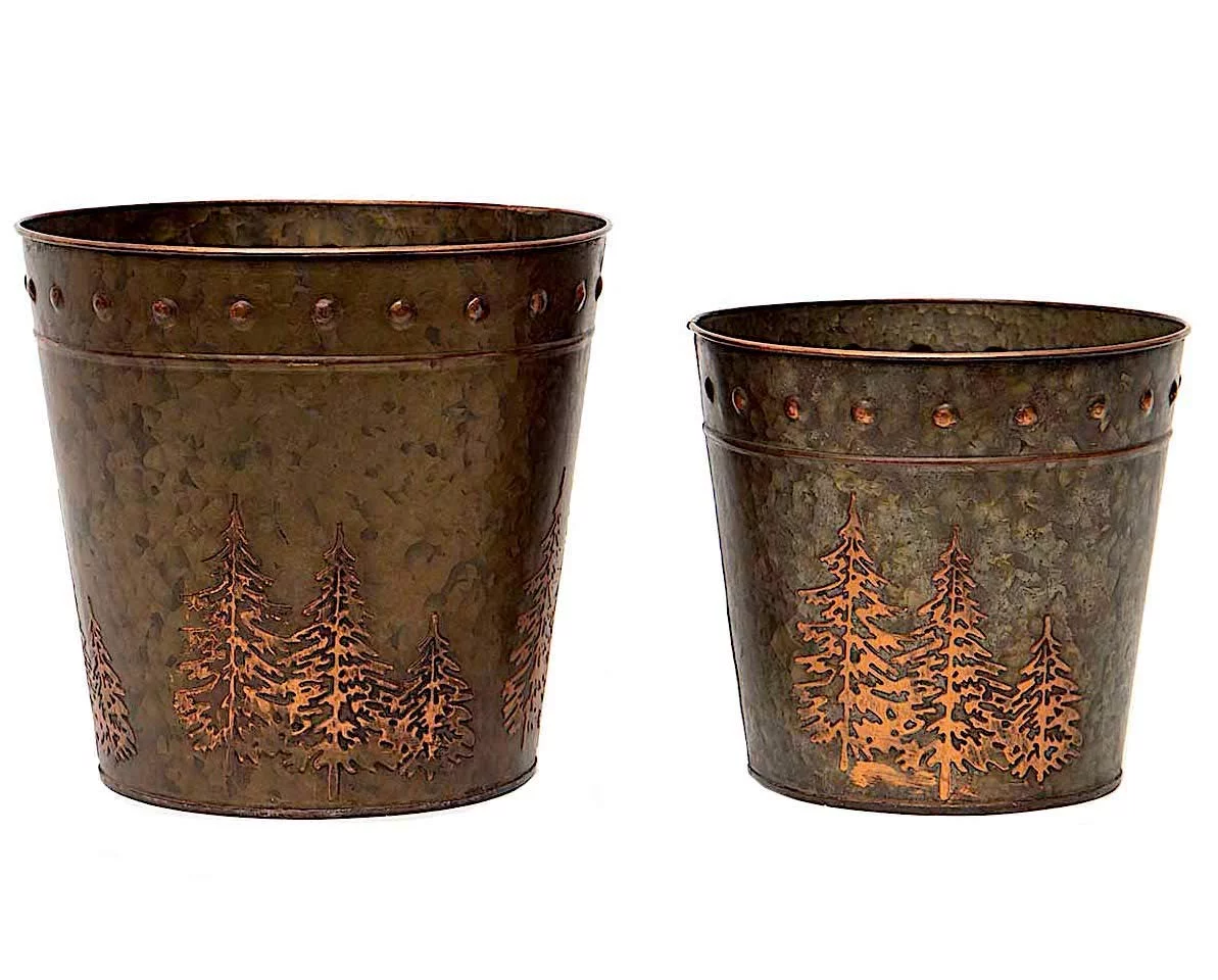 S/2 Buckets Antique Bronze W Embossed Trees Christmas Holiday Decor Metal Rustic Planters Organizers Modern Farmhouse 8.5