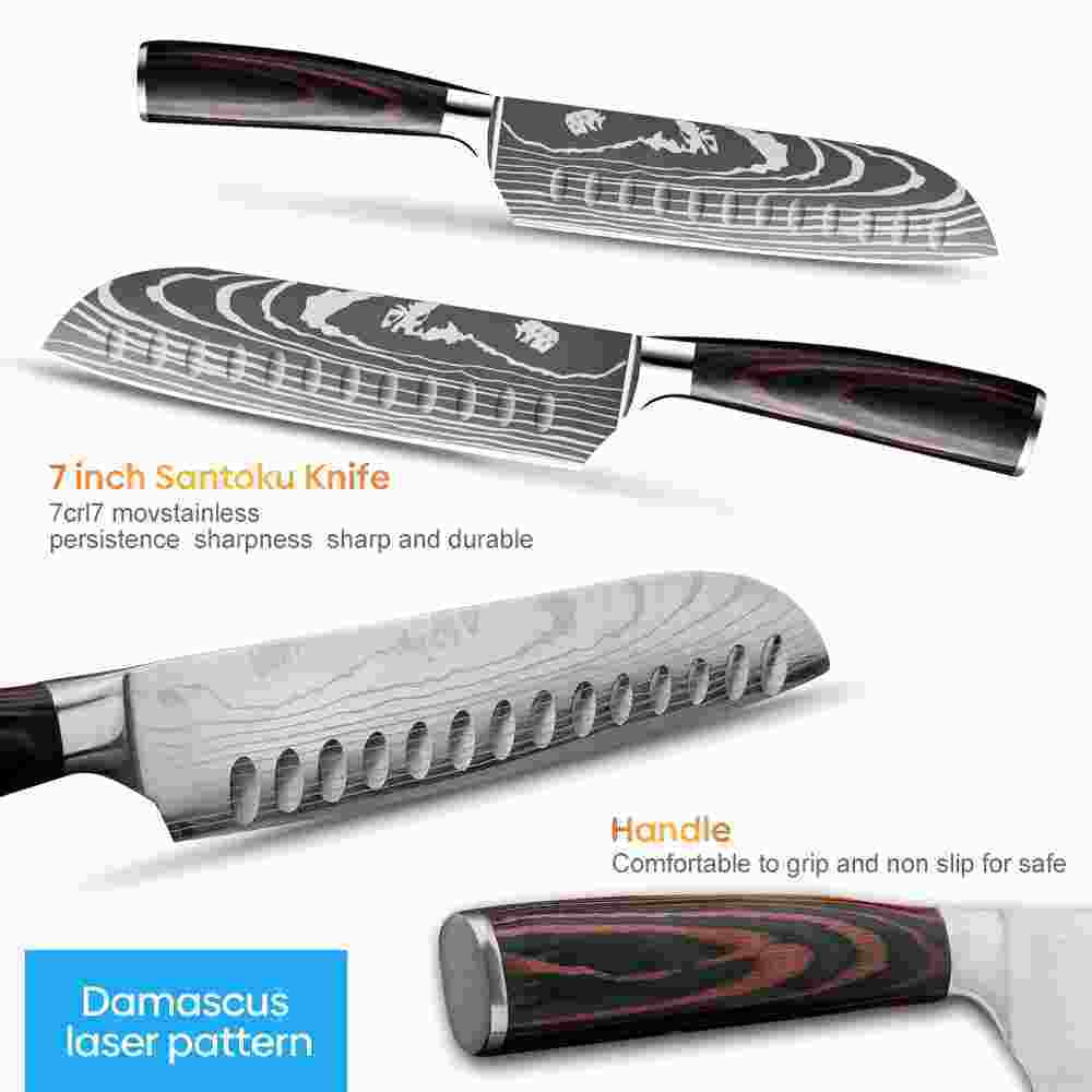 7 Inch Santoku Knife Stainless Steel Non-Slip Sheath and Handle Black