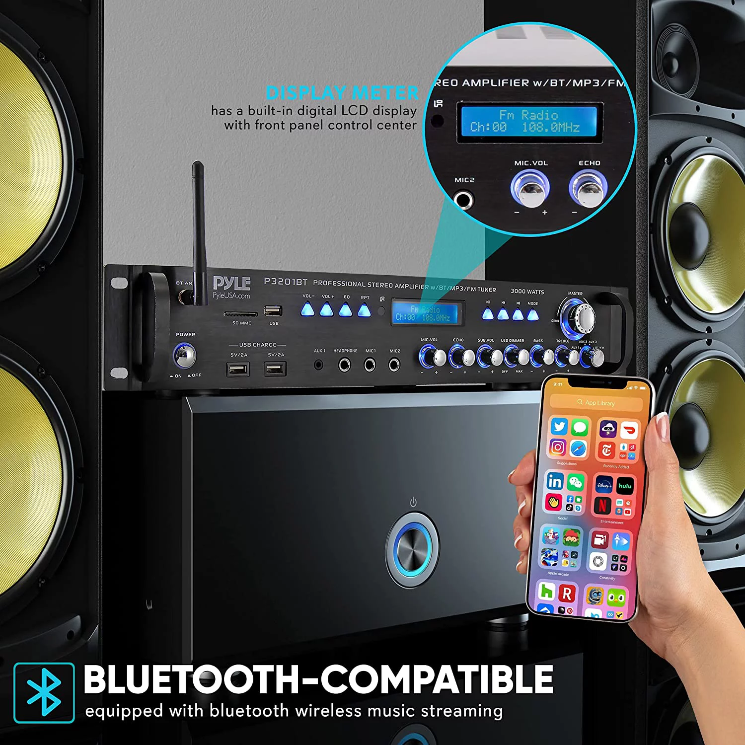 Pyle 3000 Watt Pro Home Audio Multi Channel Bluetooth Hybrid Amplifier Receiver