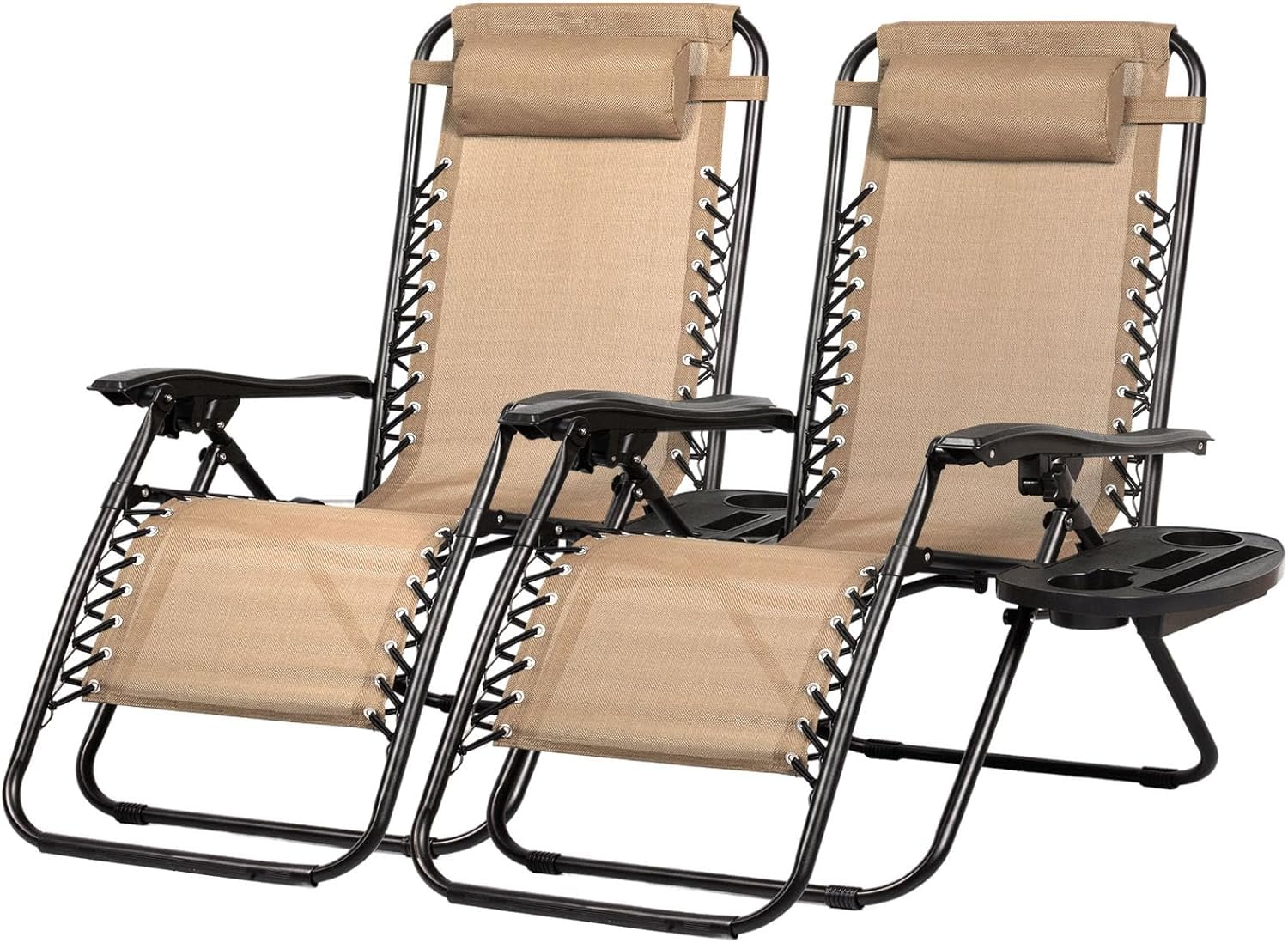 Set of 2 Relaxing Recliners Patio Chairs Adjustable Steel Mesh Zero Gravity Lounge Chair Beach Chairs with Pillow and Cup Holder Khaki (Kahki)