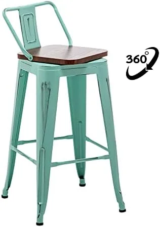 HBBOOMLIFE Stool Metal  Stools Set of 4 Industrial Counter Height  Stools White  Distressed Swivel  Stools with Back and Wooden Seat 26"  Stools Counter Height