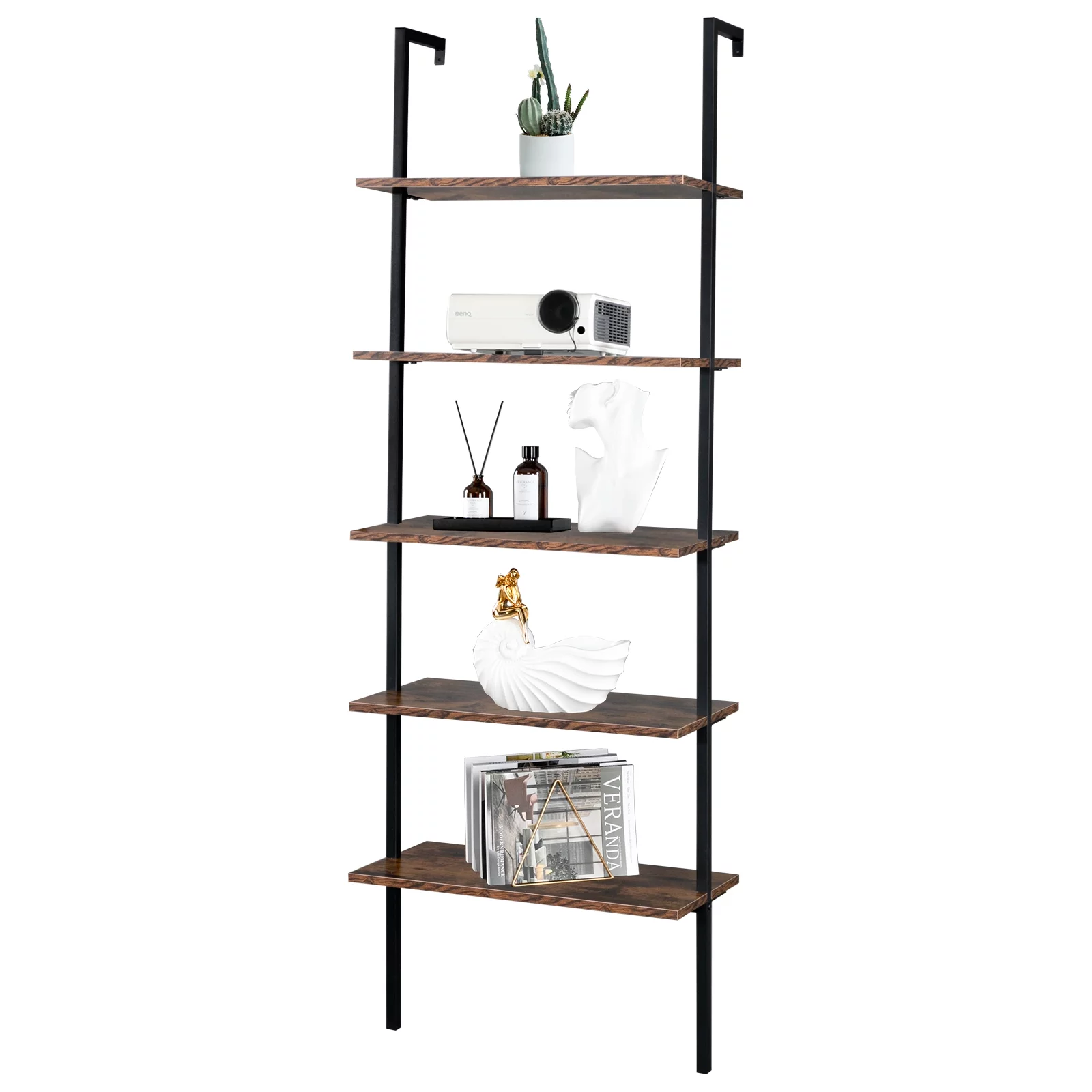RUXAN Industrial Wall Mounted Bookcase 5-Tier Open Ladder Shelf Bookshelf with Metal Frame, 23.6