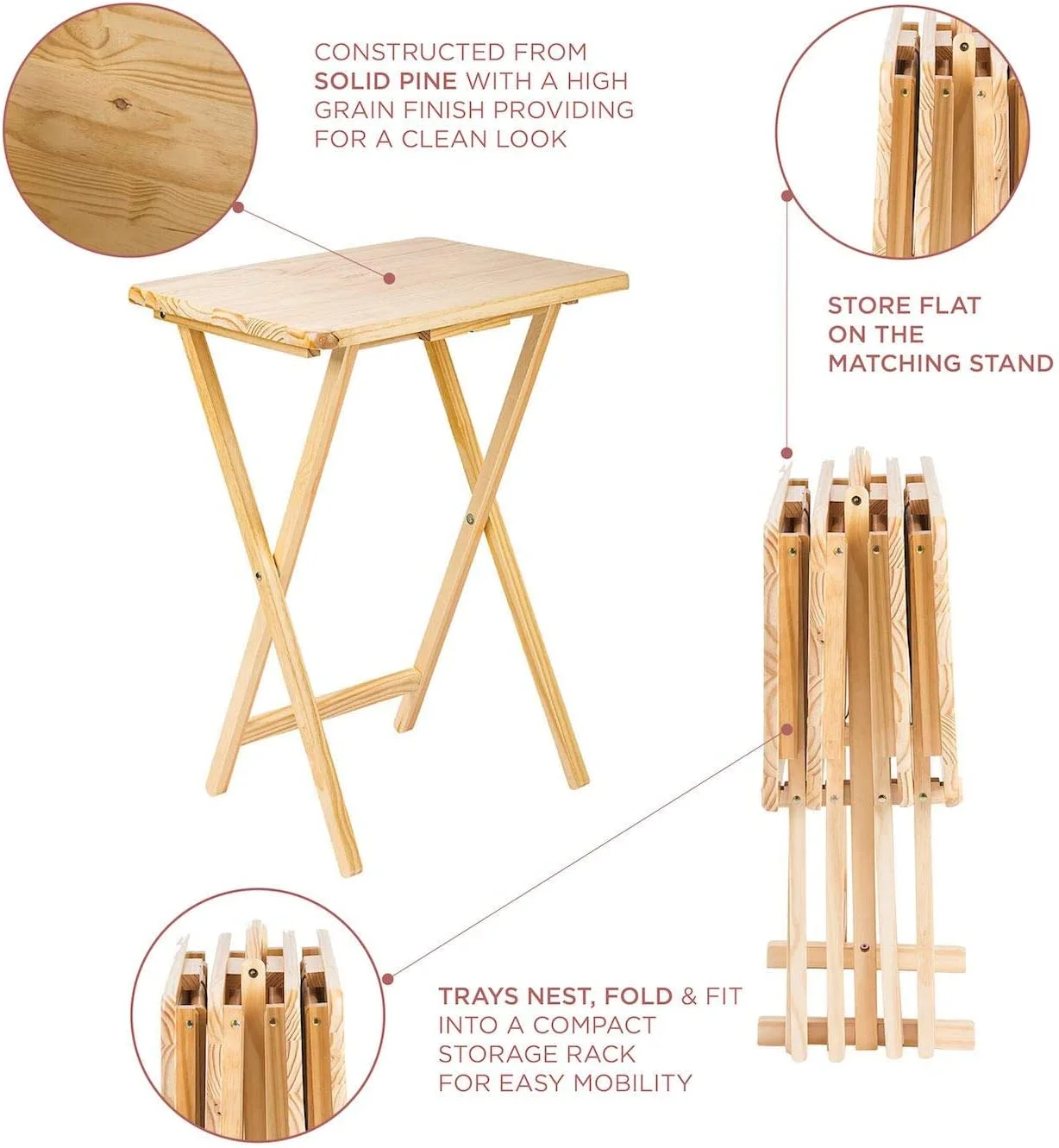 xrboomlife MFS Basics Classic TV Dinner/Snack 4 Table Set with Holder - Natural
