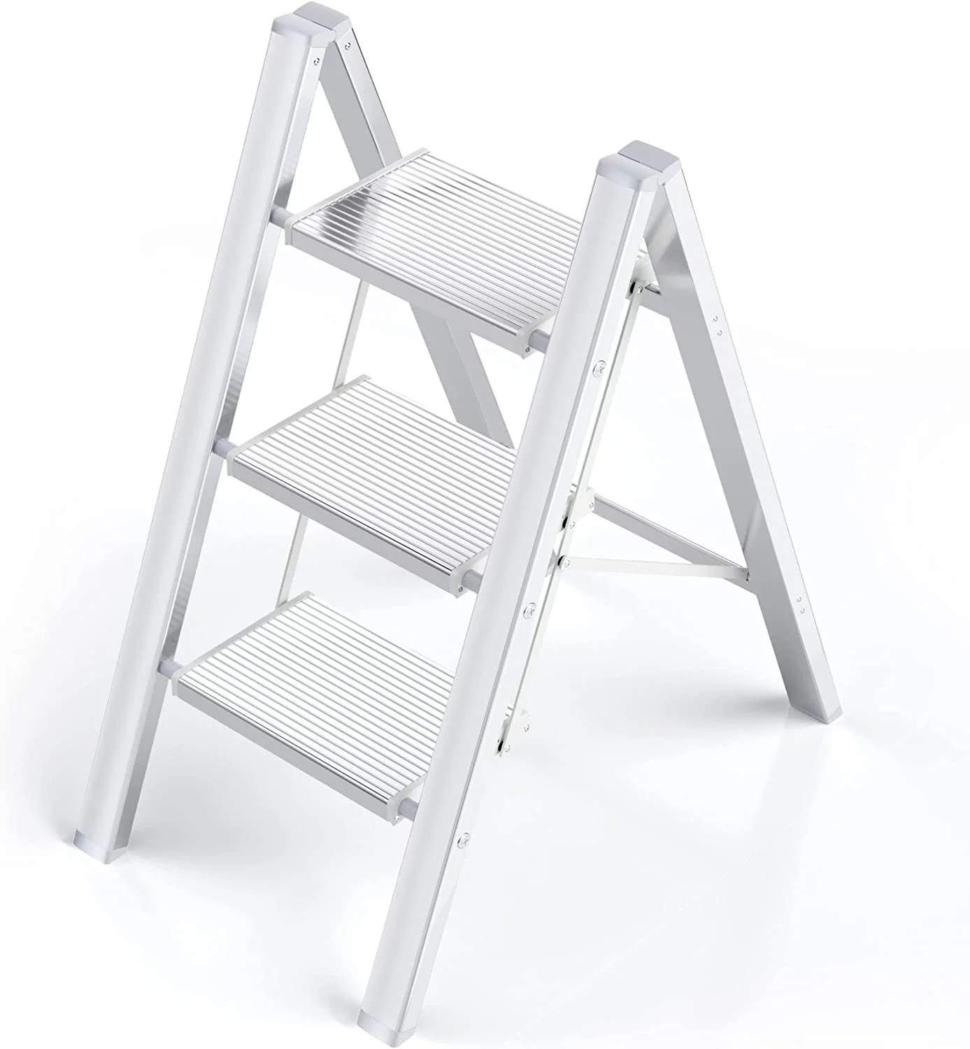 3 Step Ladder Folding Step Stool with Anti-Slip Sturdy and Wide Pedal, White, Aluminum Portable Lightweight Step Stool for Adults Multi-Use for Home and Kitchen, 330 lbs