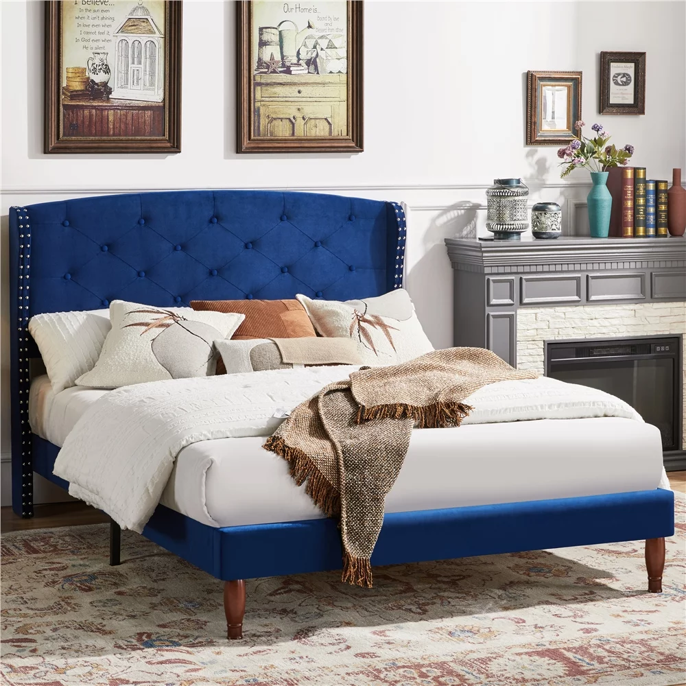 Easyfashion Platform Bed with Tufted Headboard, Navy Blue, Full