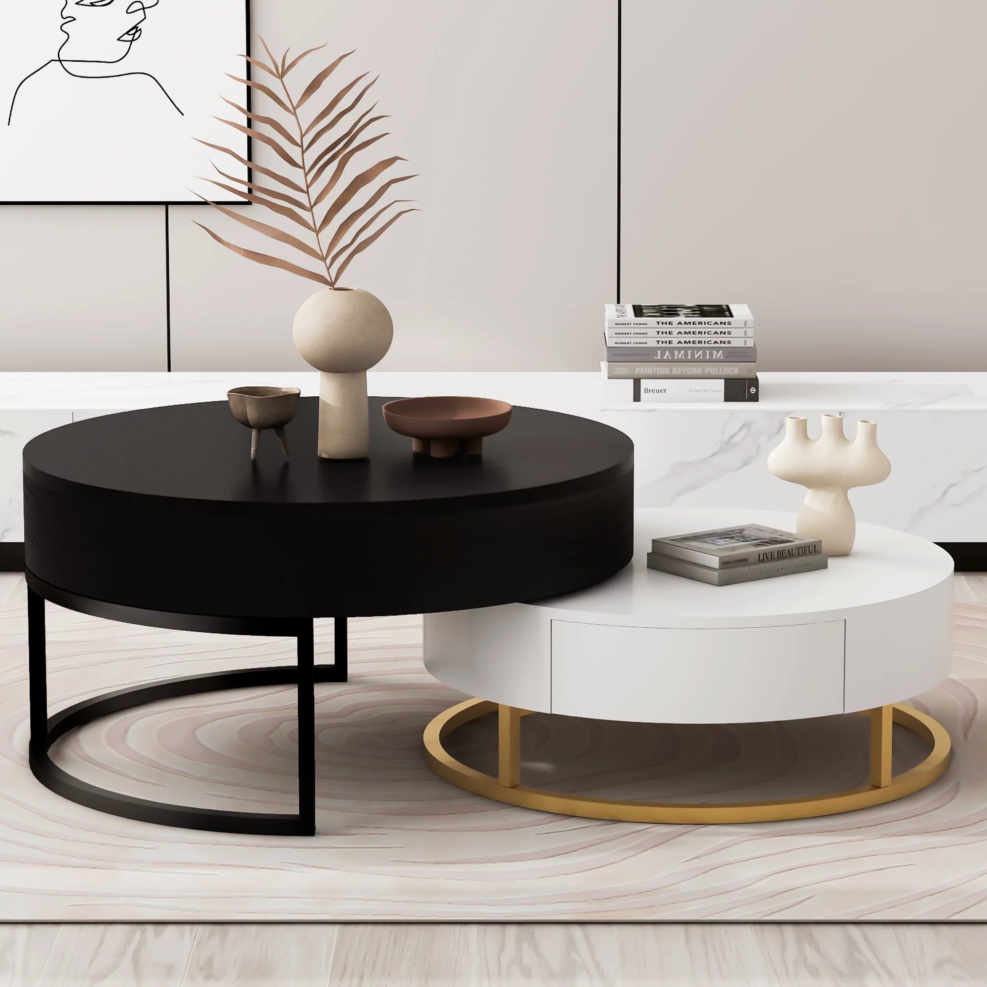Homiyad Modern Round Lift-Top Nesting Coffee Tables with 2 Drawers White & Black