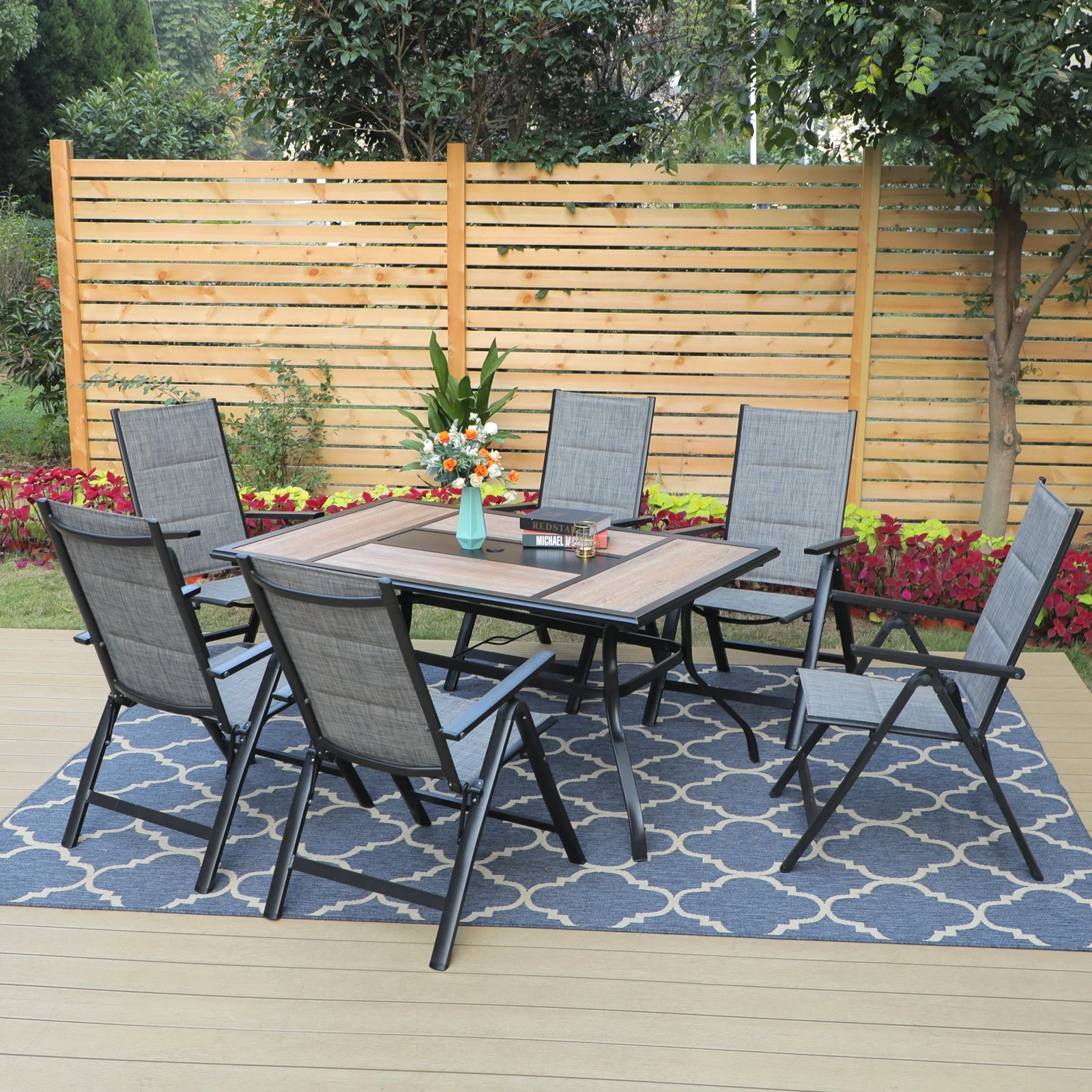 MF Studio 7-Piece Aluminum Outdoor Patio Dining Set with 7-Level Adjustable Textilene Padded Chairs&Rectangular Wood-look Table for Dinner&Party, Gray