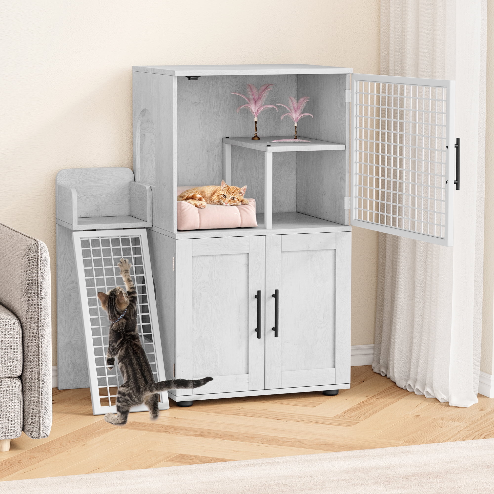 Towallmark 2 In 1 Hidden Litter Box Enclosure Furniture, 2 Storage Racks And 2 Drawers, Litter Box With Platform, Ladder, Indoor Cat Washroom, Rustic White