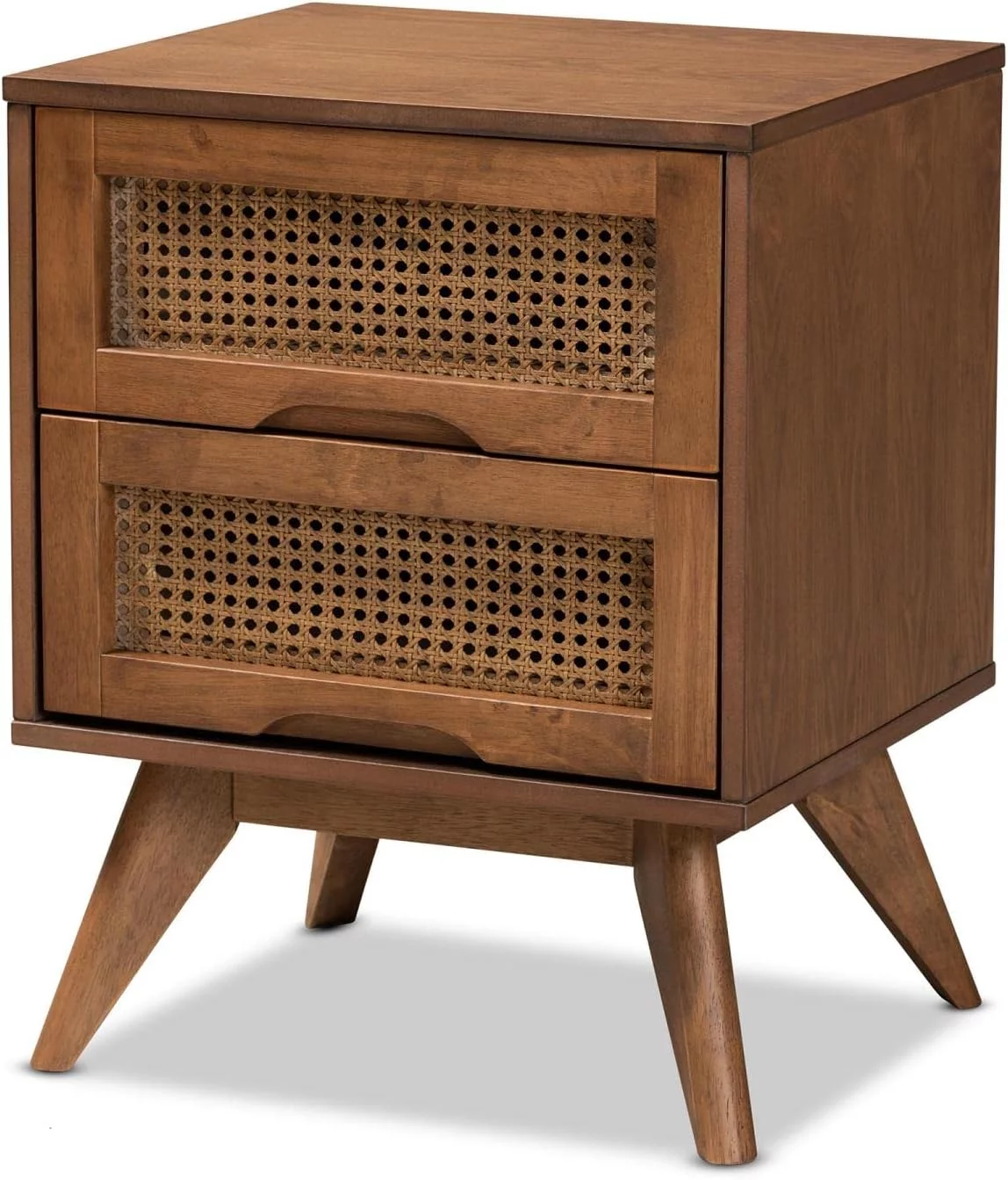Brown Finished Wood and Synthetic Rattan 2-Drawer Nightstand