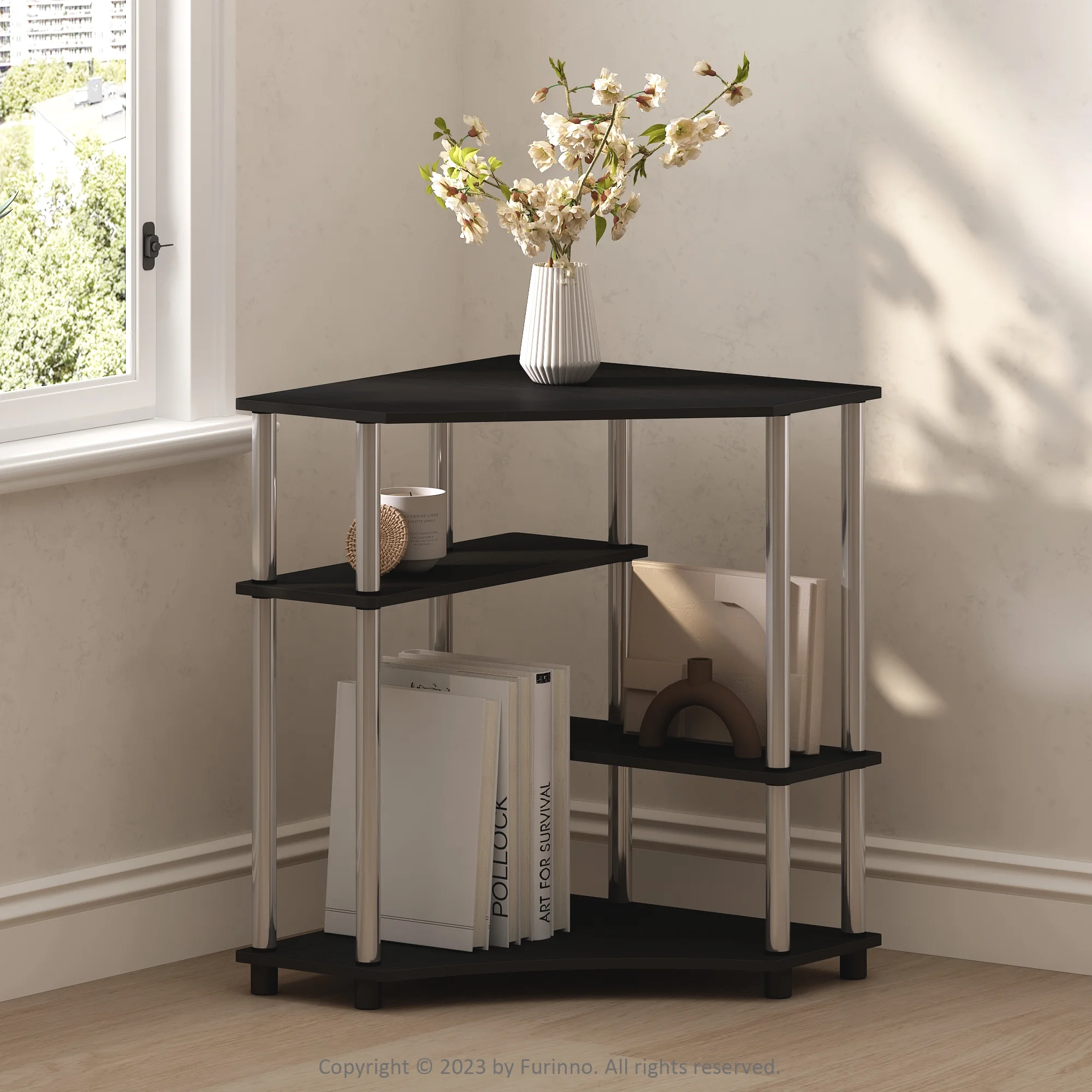 Furinno Turn-N-Tube Multipurpose Corner Shelf, Display Rack, Bookshelf, Americano, Stainless Steel Tubes