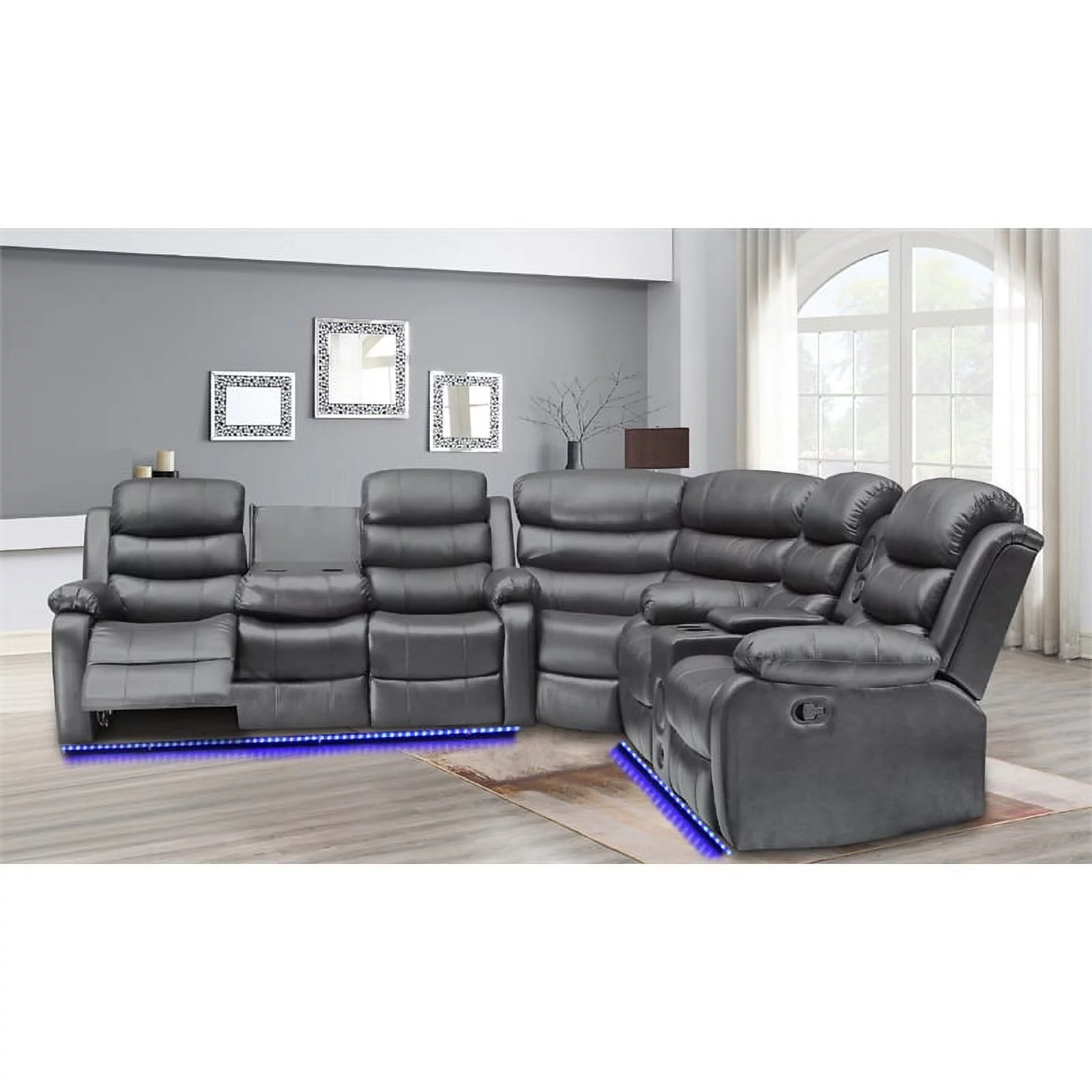 Bowery Hill Modern LED Faux Leather Reclining Sectional in Gray