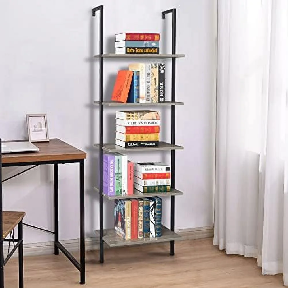 CHDEUSL 5-Tier Open Wall-Mounted Bookshelf with Metal Frame - Industrial Modern Ladder  - Floating Bookcase Organizer - Hanging  Rack Shelves for Home and Office -