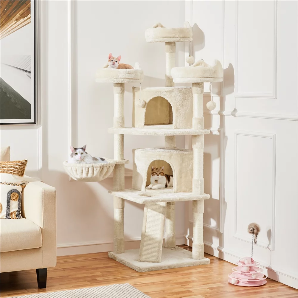 Easyfashion 68.5in Multi-Level Cat Tree Caves Condos, Beige